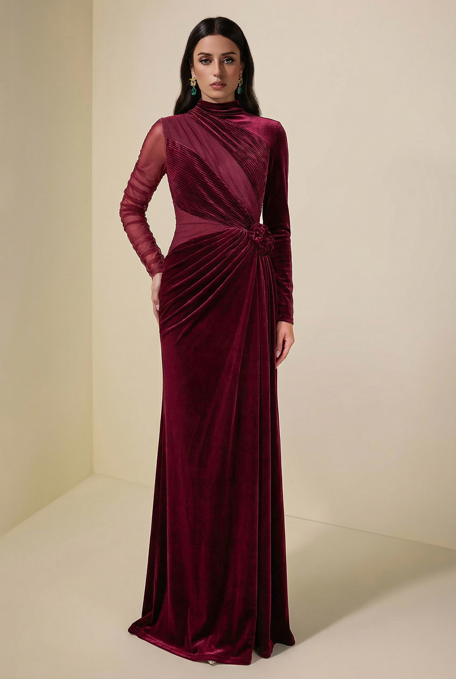 Velvet 3D Flower Ruched Maxi Dress