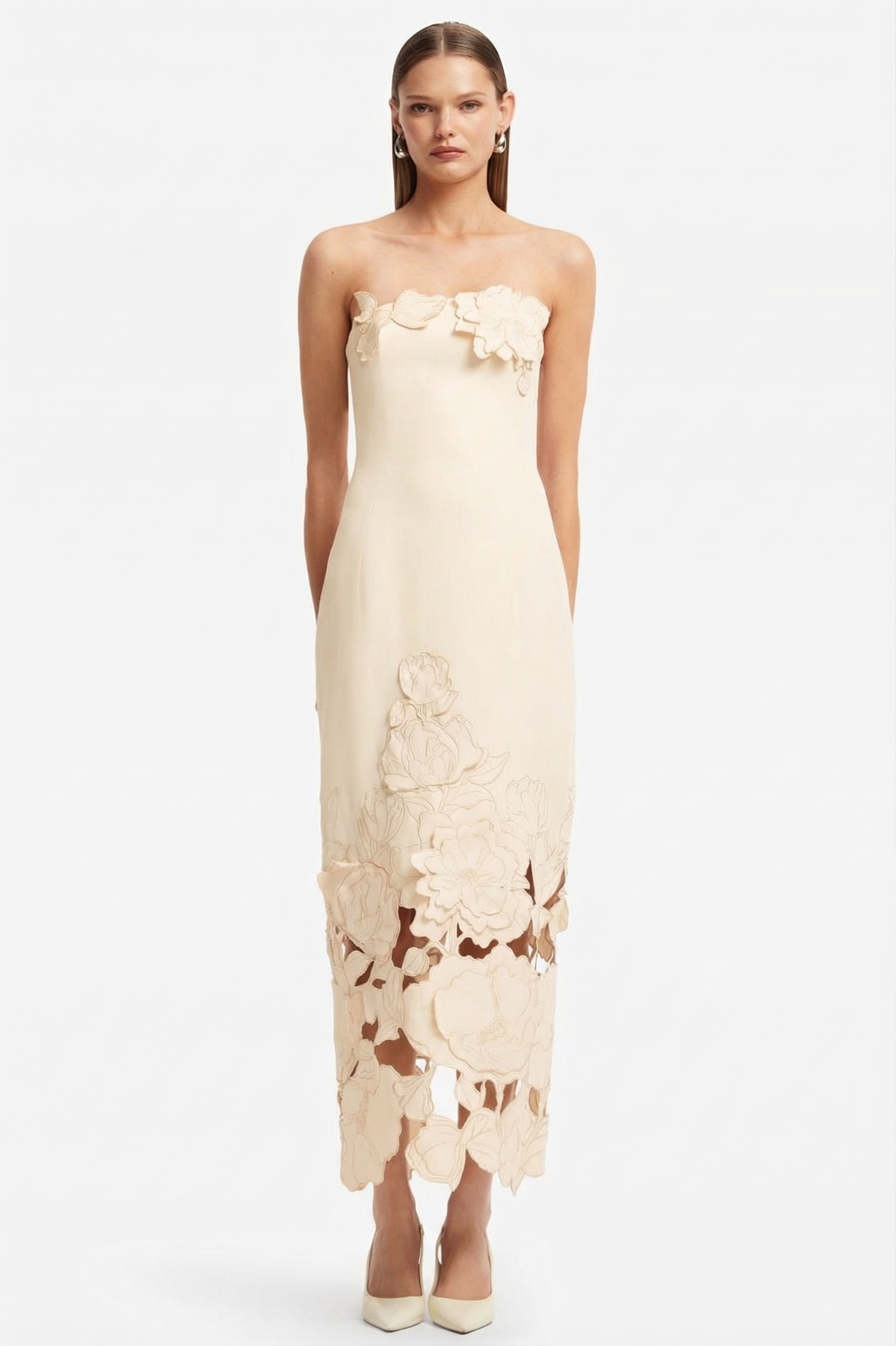 Off-Shoulder Floral Appliquéd Midi Dress