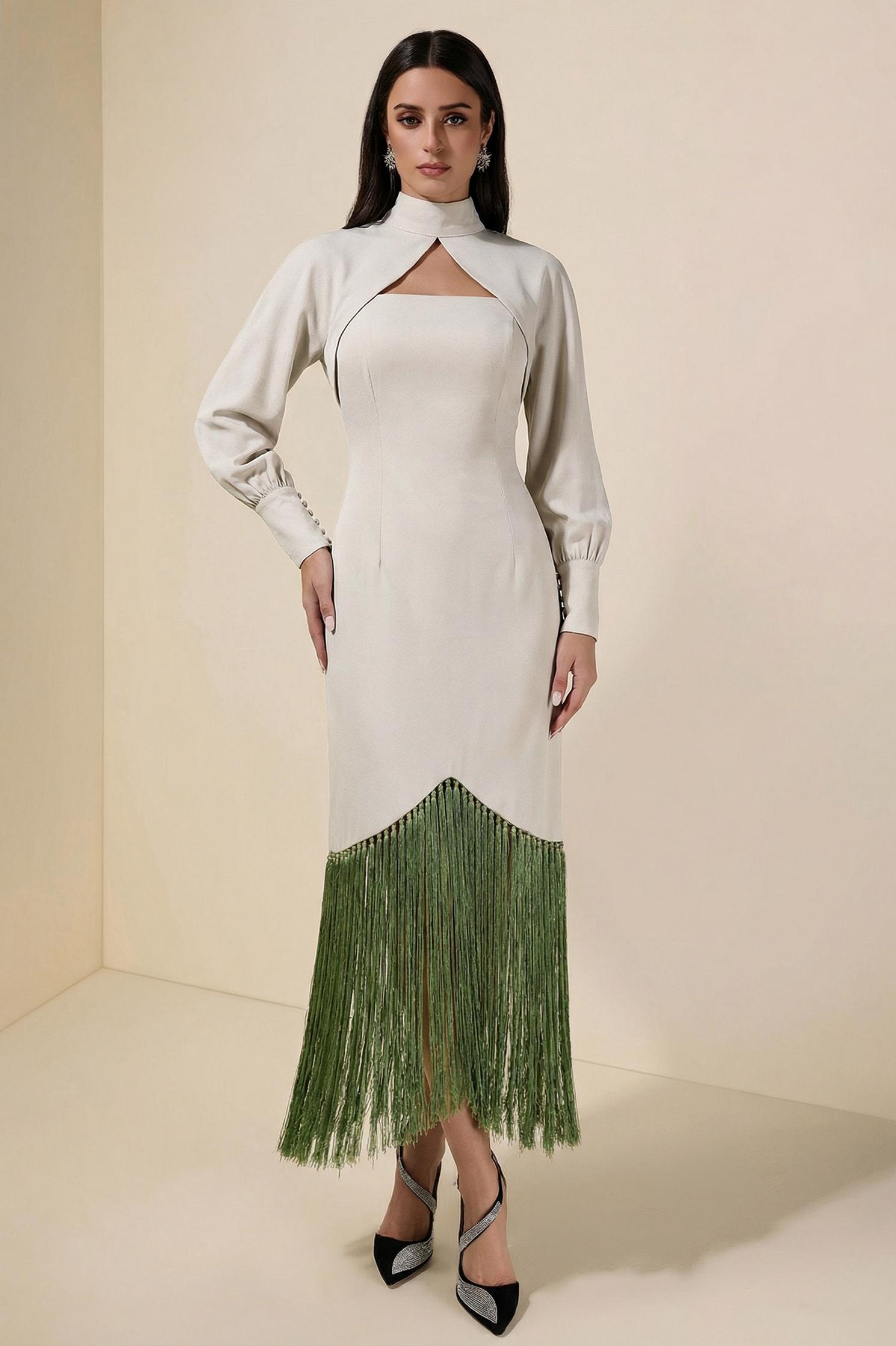 Tassel Slip Midi Dress With Cape