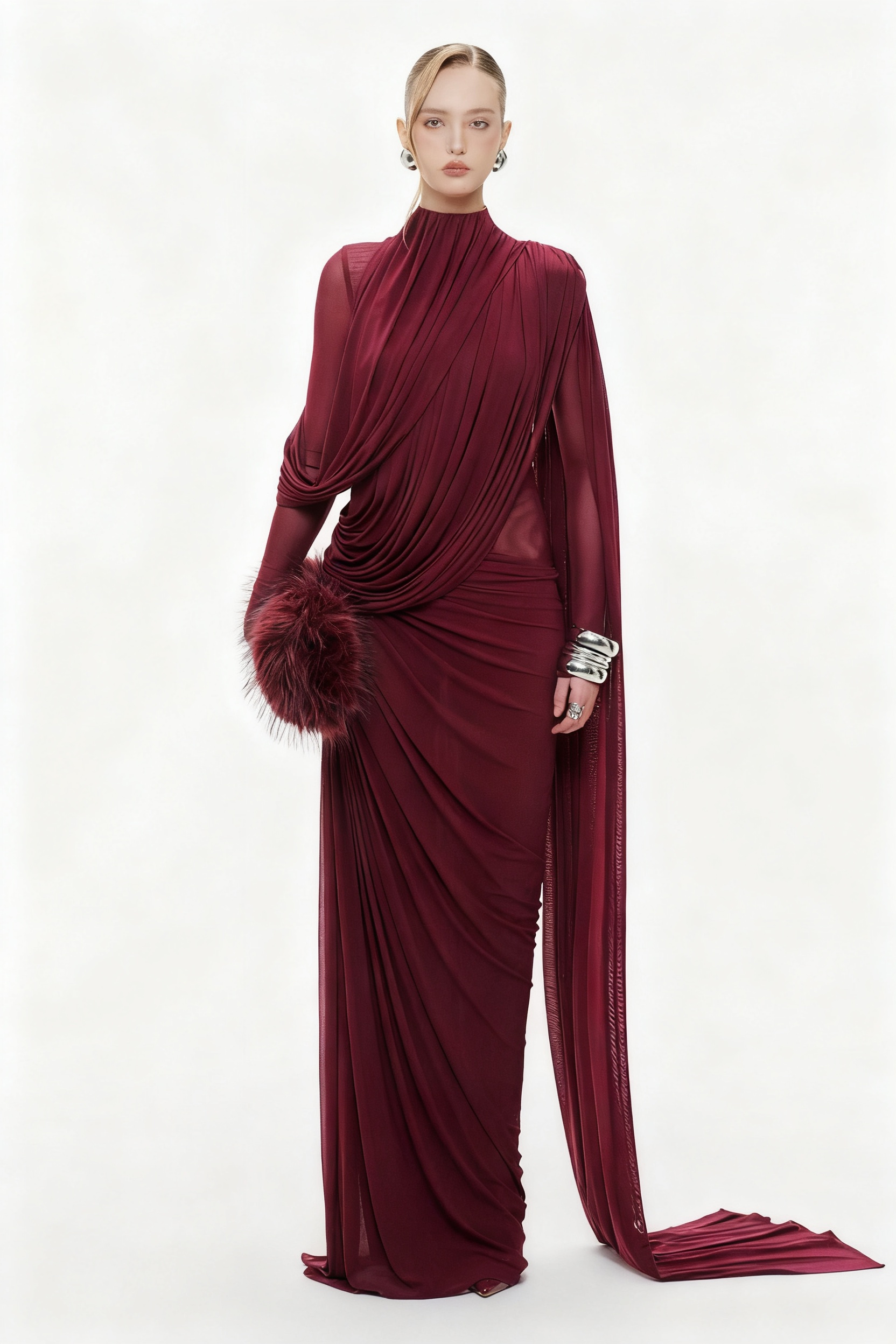 Gathering Asymmetrical Cape Maxi Dress