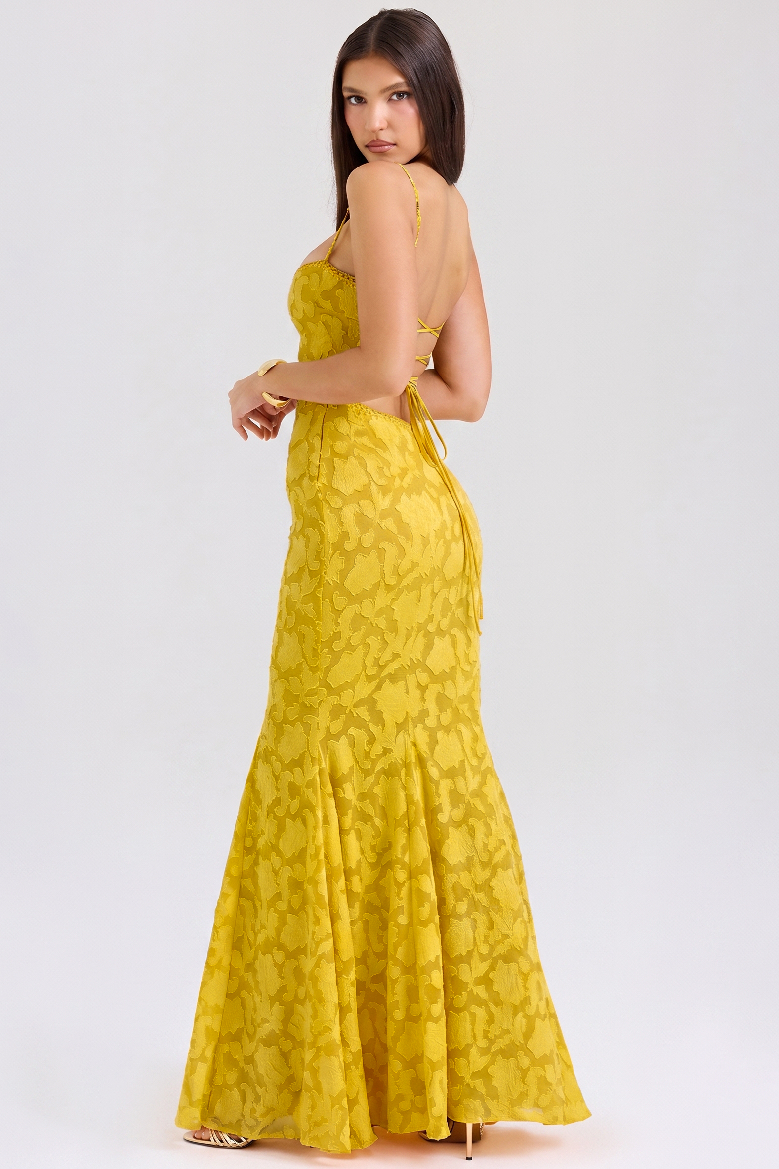 Burn-Out Tie-Up Lace Frill Maxi Dress