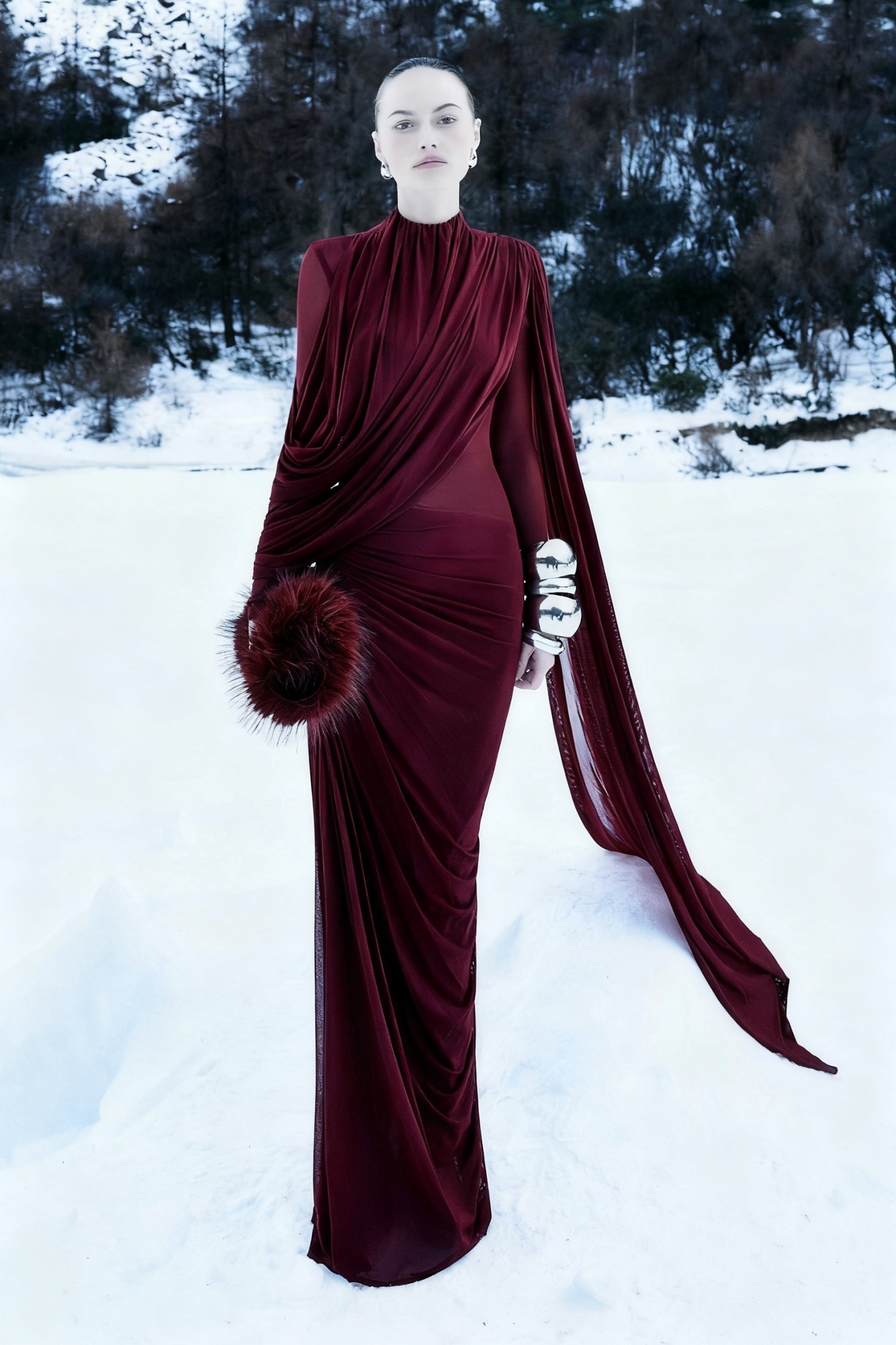 Gathering Asymmetrical Cape Maxi Dress