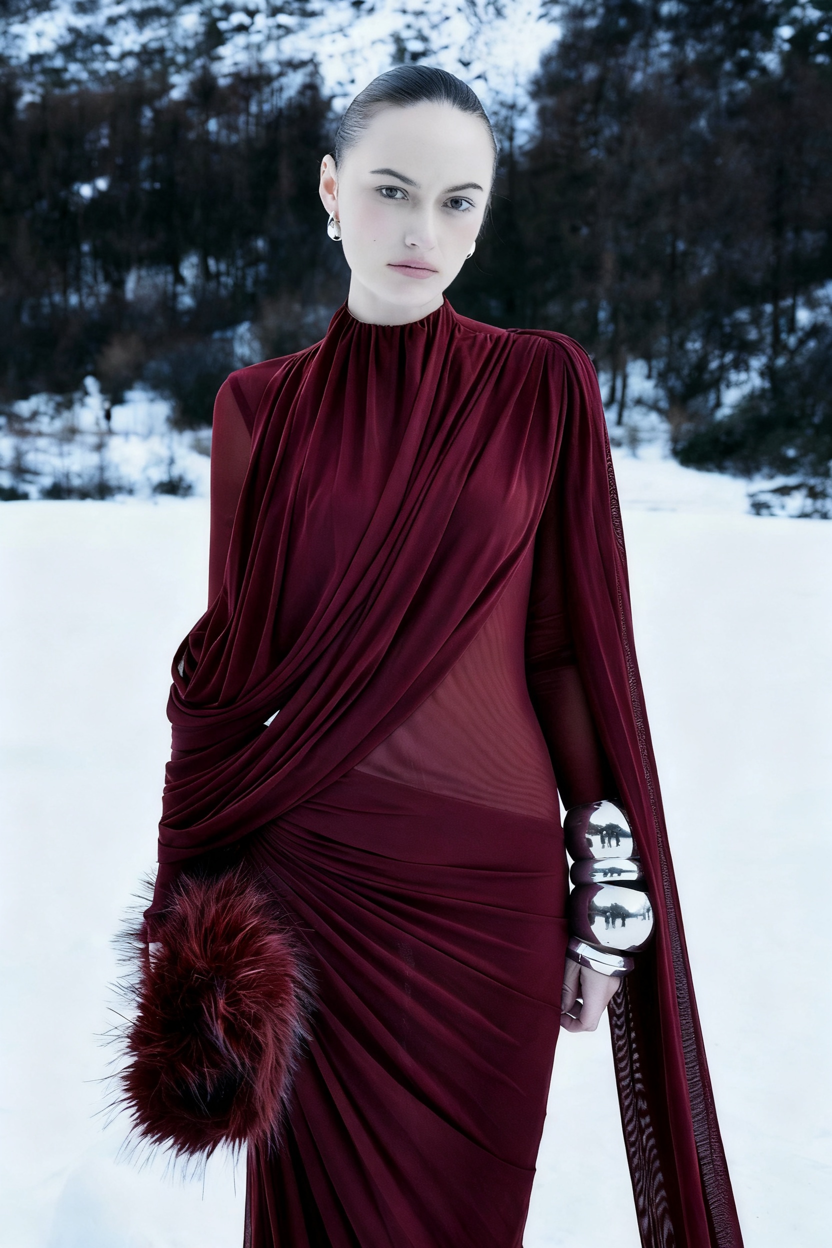 Gathering Asymmetrical Cape Maxi Dress