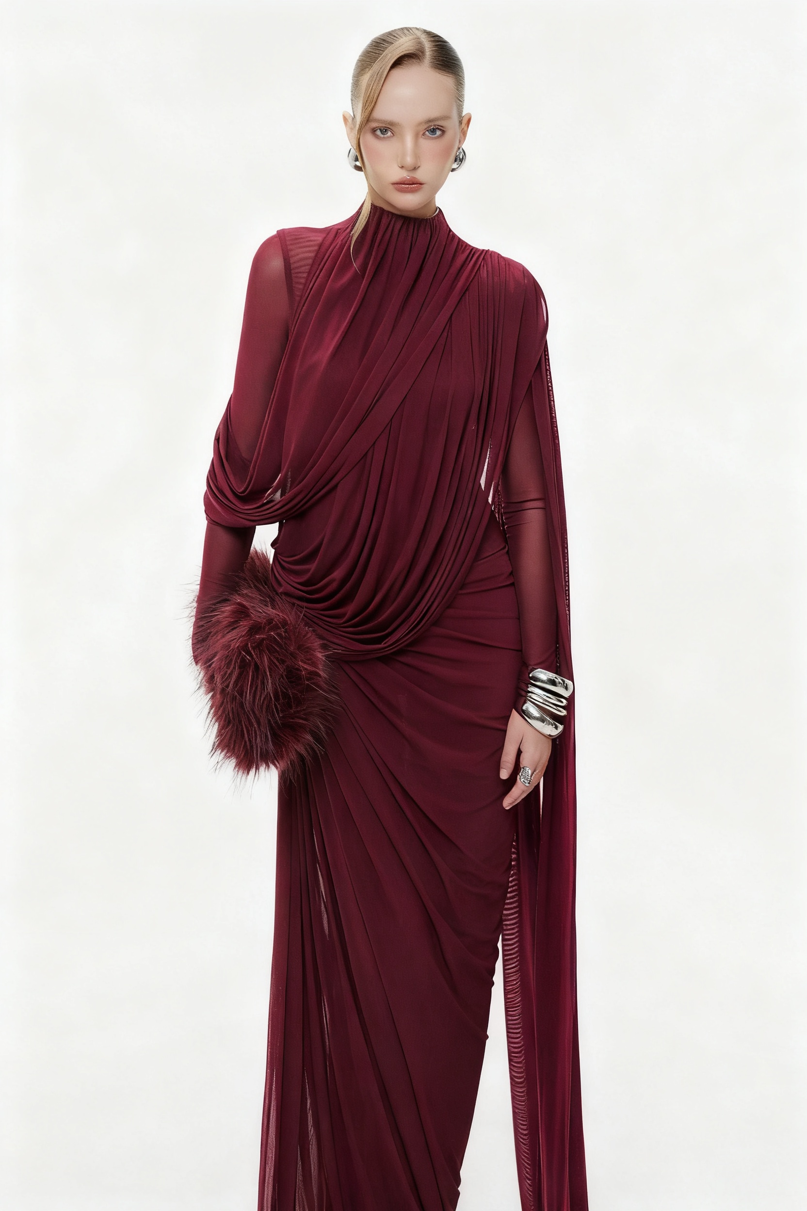 Gathering Asymmetrical Cape Maxi Dress