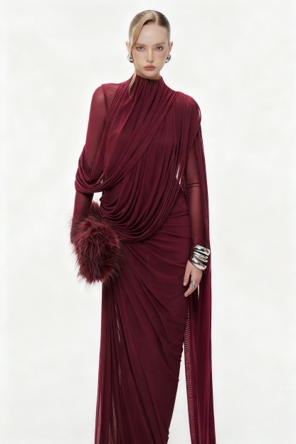 Gathering Asymmetrical Cape Maxi Dress
