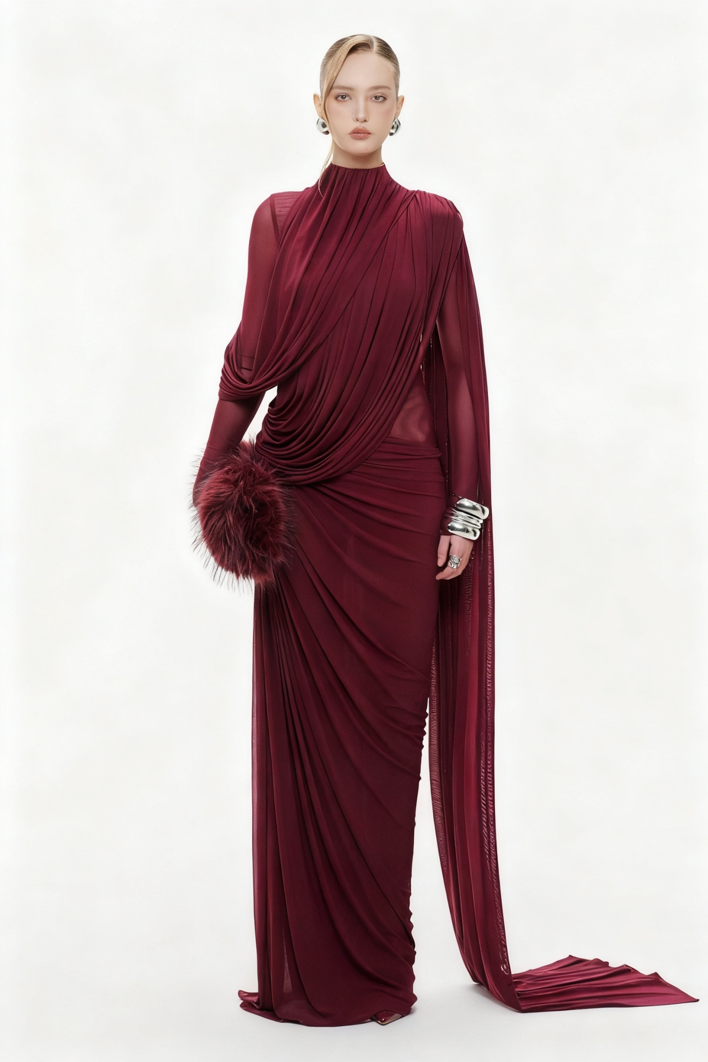 Gathering Asymmetrical Cape Maxi Dress