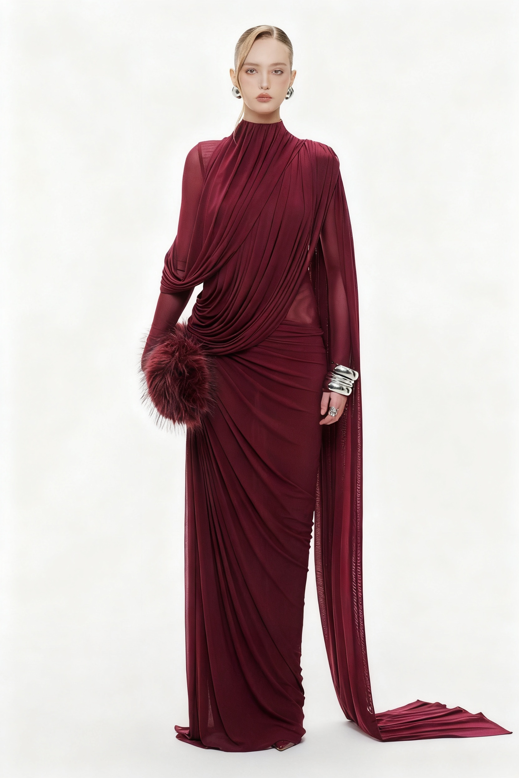 Gathering Asymmetrical Cape Maxi Dress
