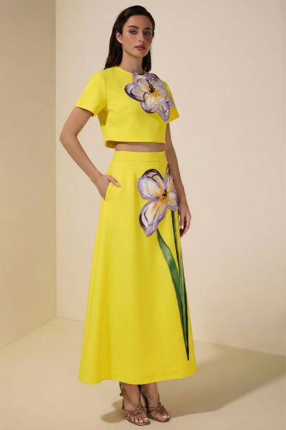 Appliquéd Round Neck Top & Maxi Skirt Set