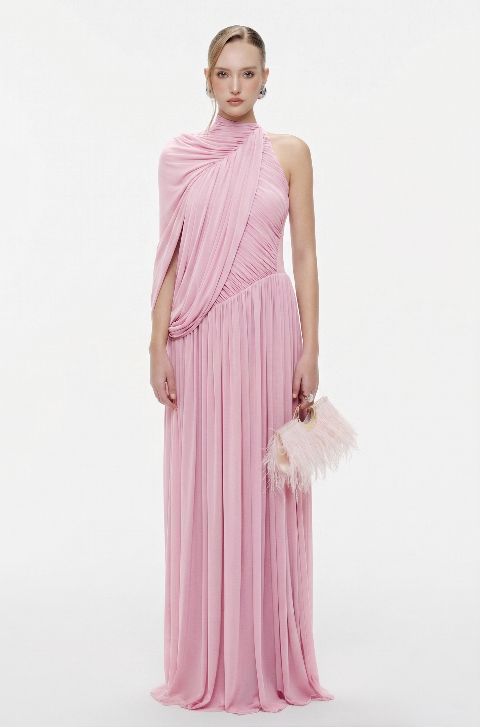 Gathering Solid Asymmetrical Sleeve Maxi Dress