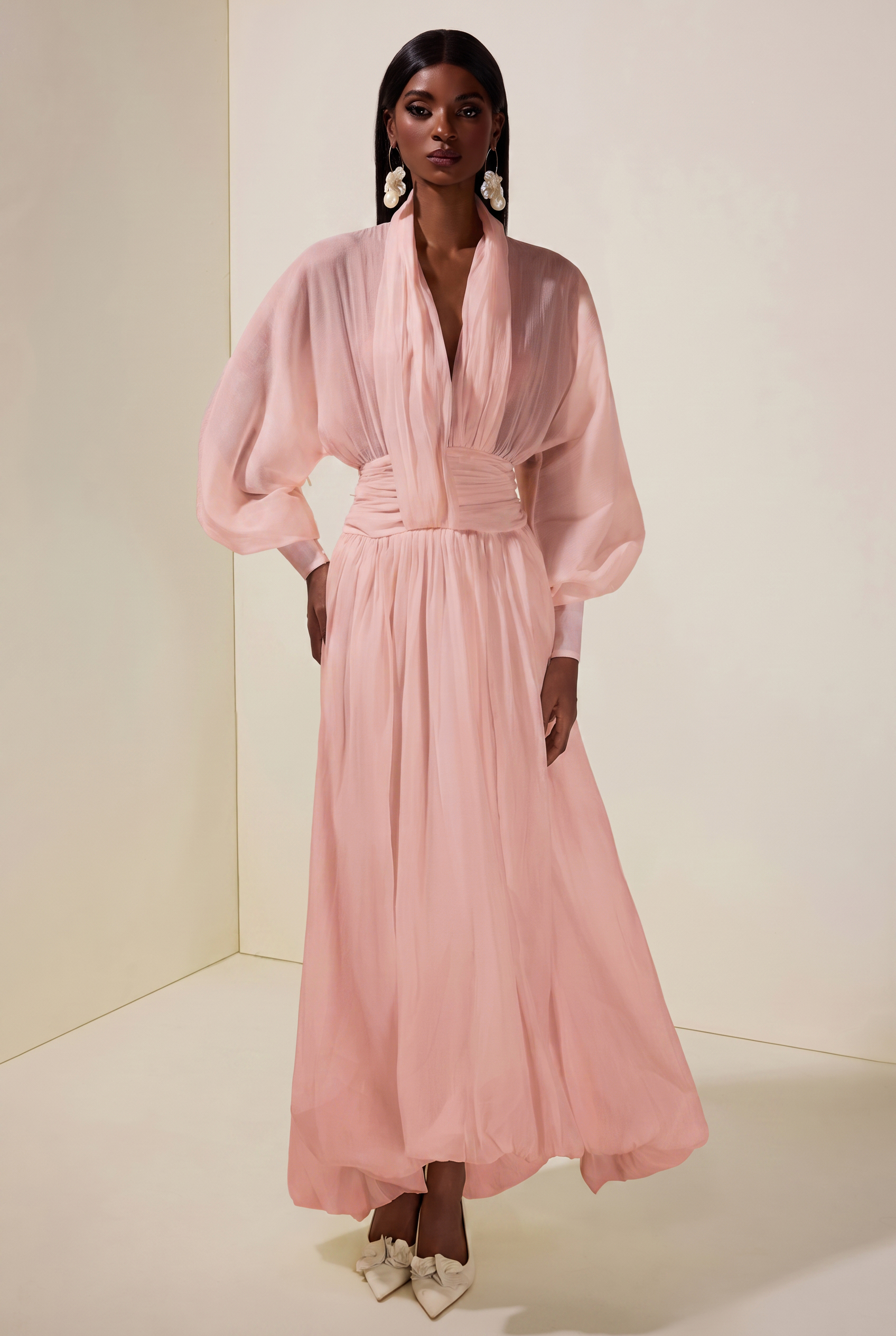 Chiffon V-Neck Lantern Sleeve Puff Midi Dress