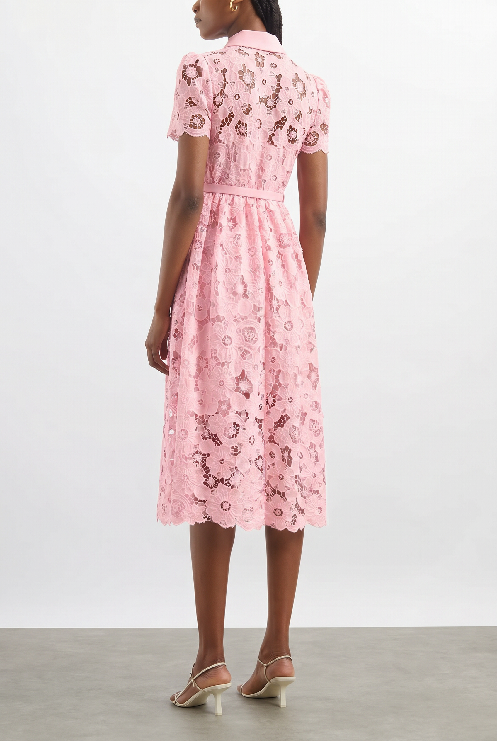 Lace Metal Button Midi Dress With Belt
