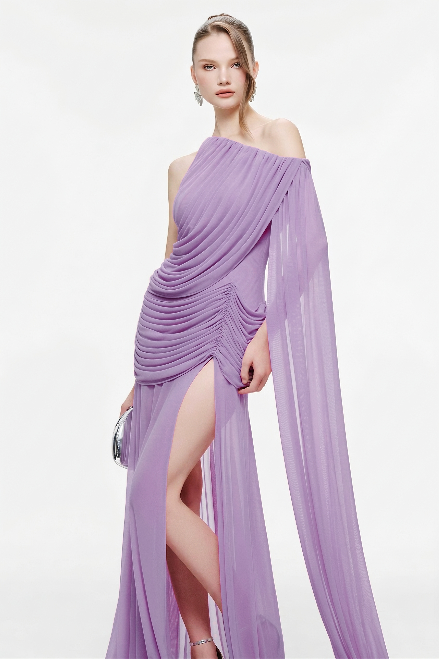 One Shoulder Ruched Slit Maxi Dress