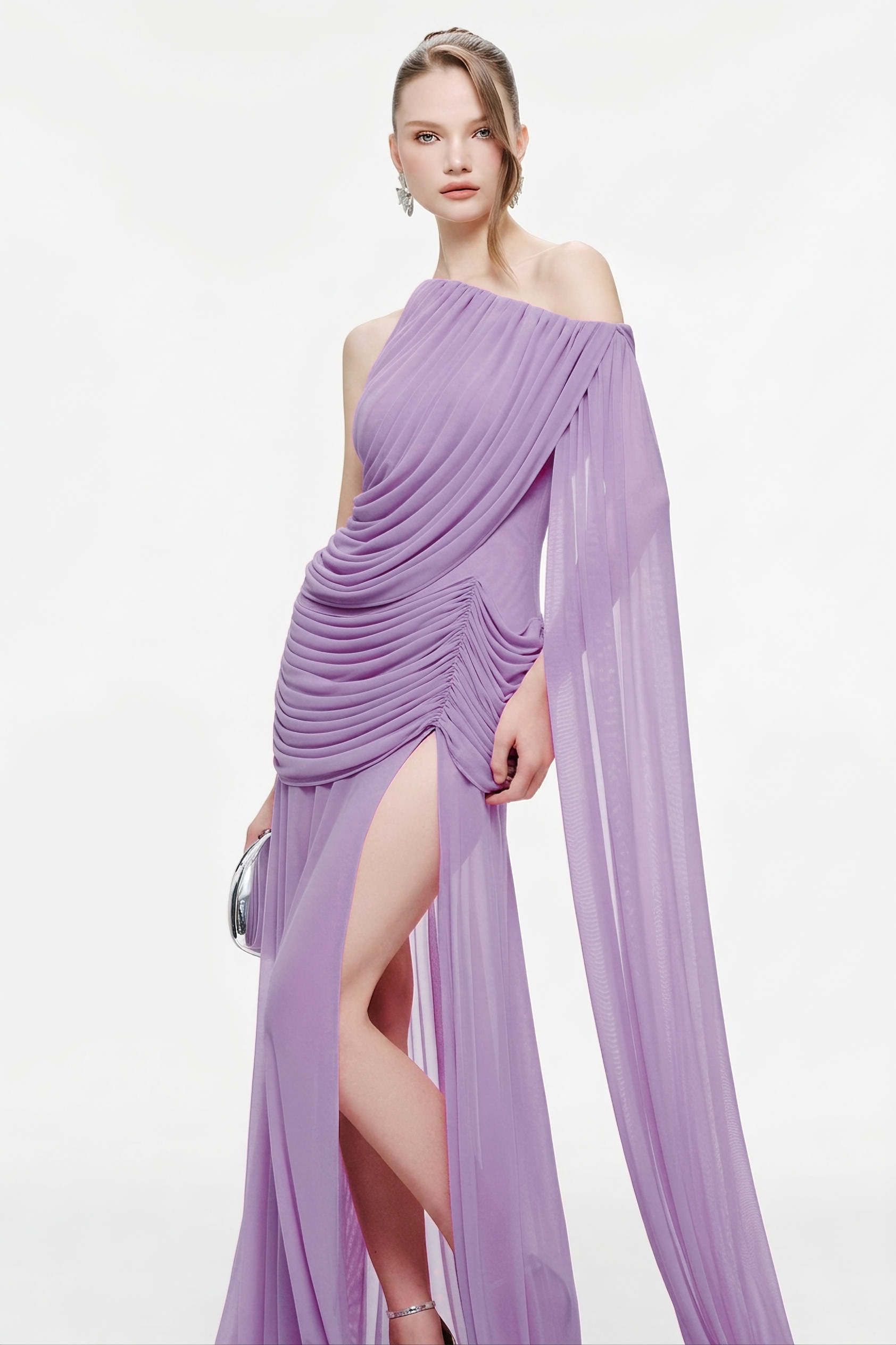 One Shoulder Ruched Slit Maxi Dress