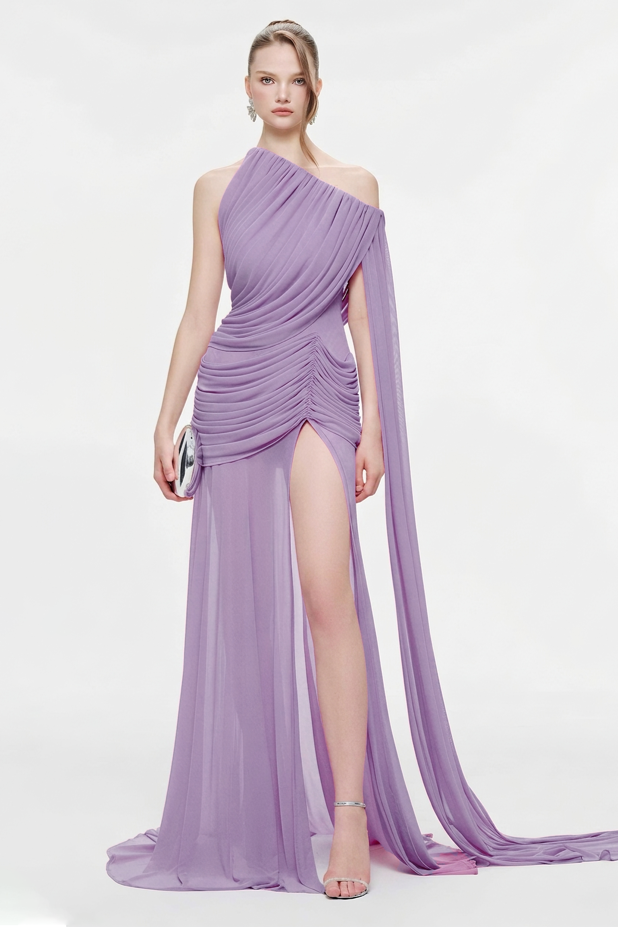 One Shoulder Ruched Slit Maxi Dress