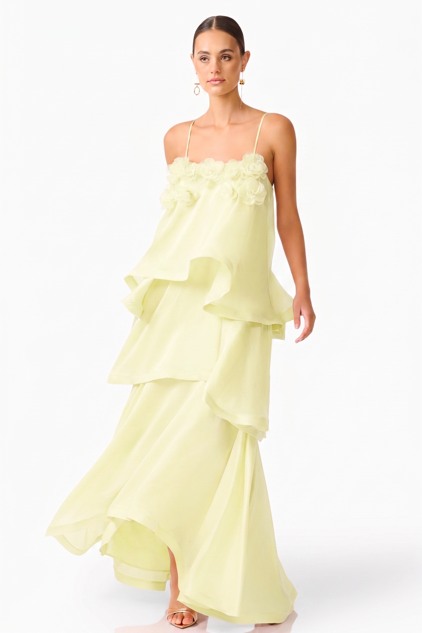 3D Flower Ruffle Slip Midi Dress