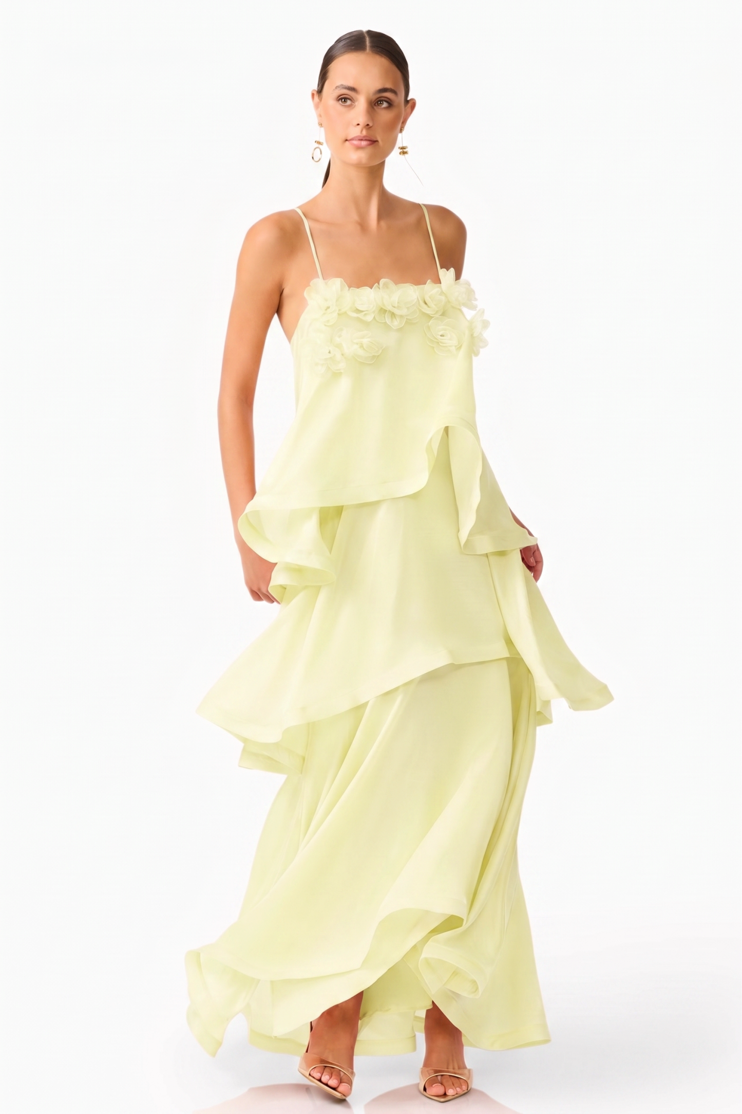 3D Flower Ruffle Slip Midi Dress