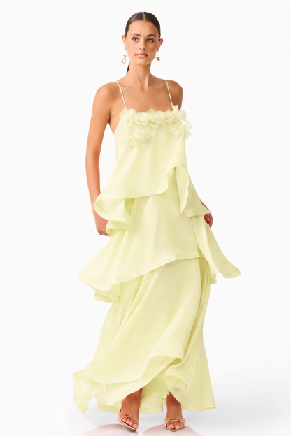 3D Flower Ruffle Slip Midi Dress