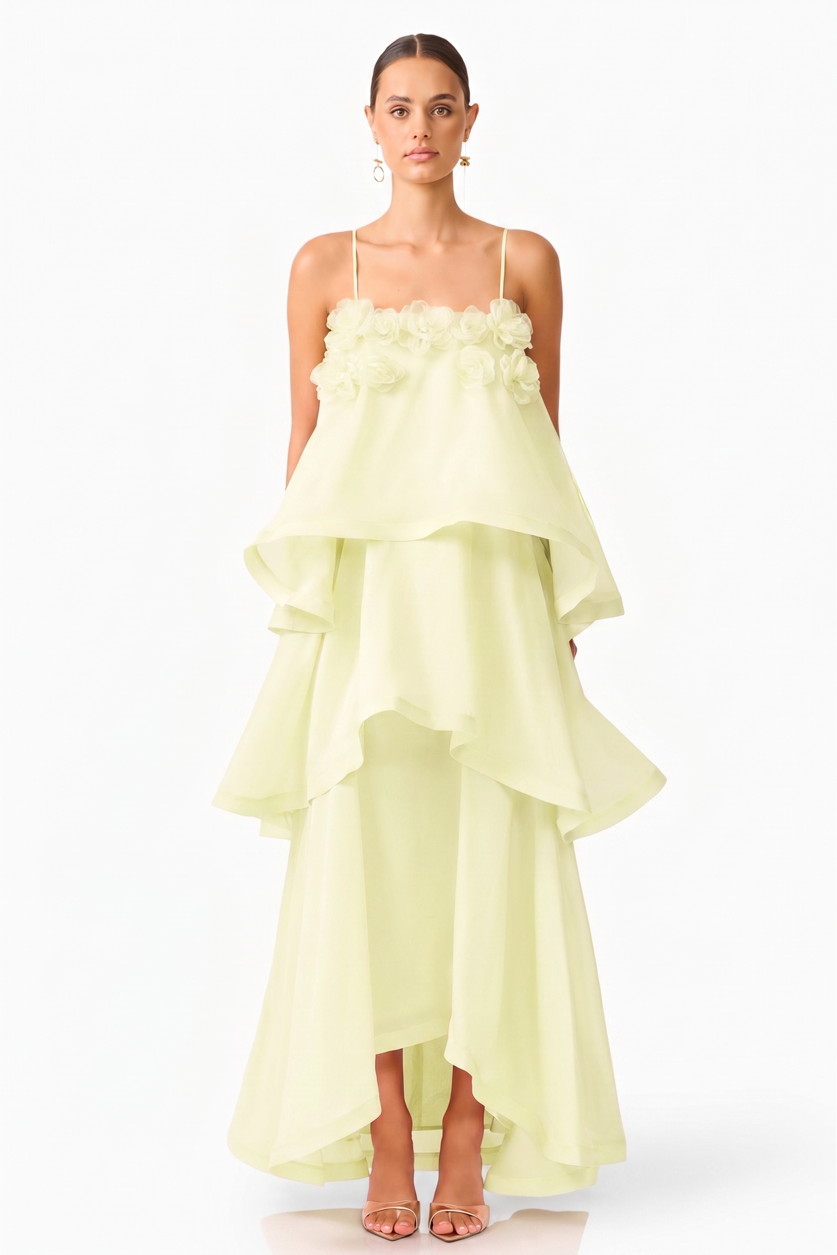 3D Flower Ruffle Slip Midi Dress