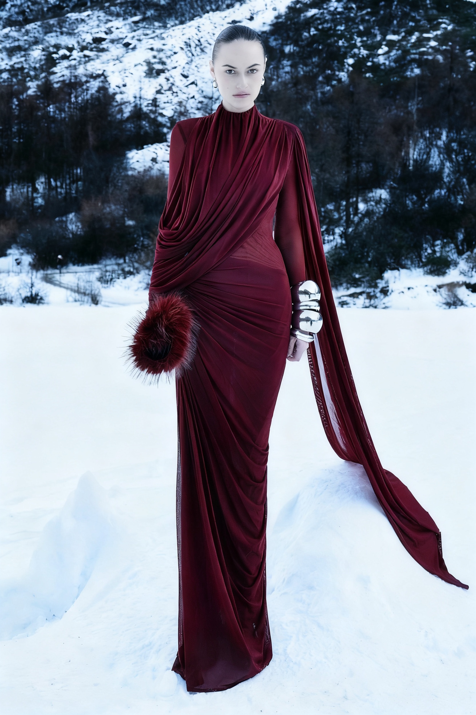 Gathering Asymmetrical Cape Maxi Dress