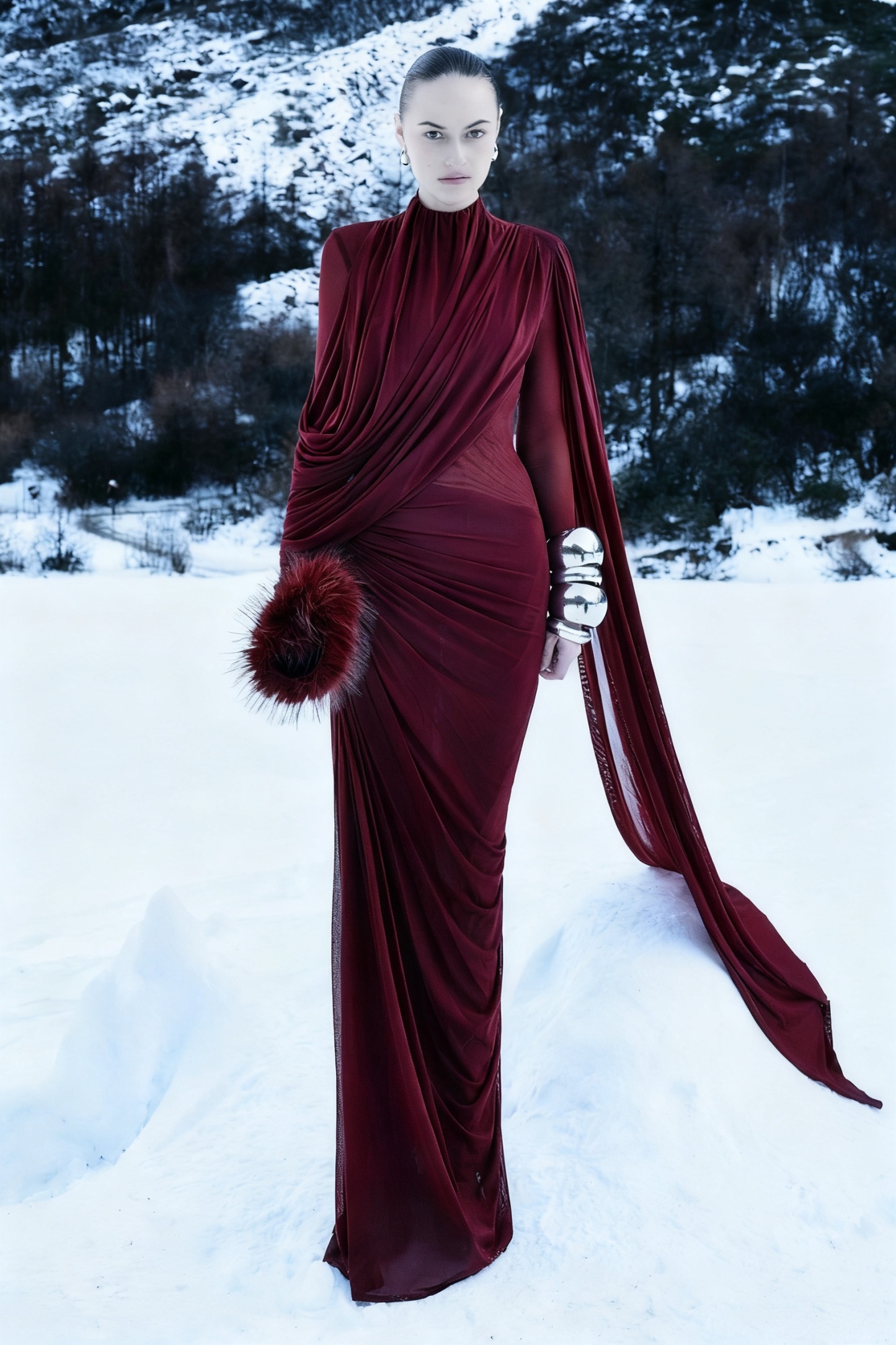 Gathering Asymmetrical Cape Maxi Dress