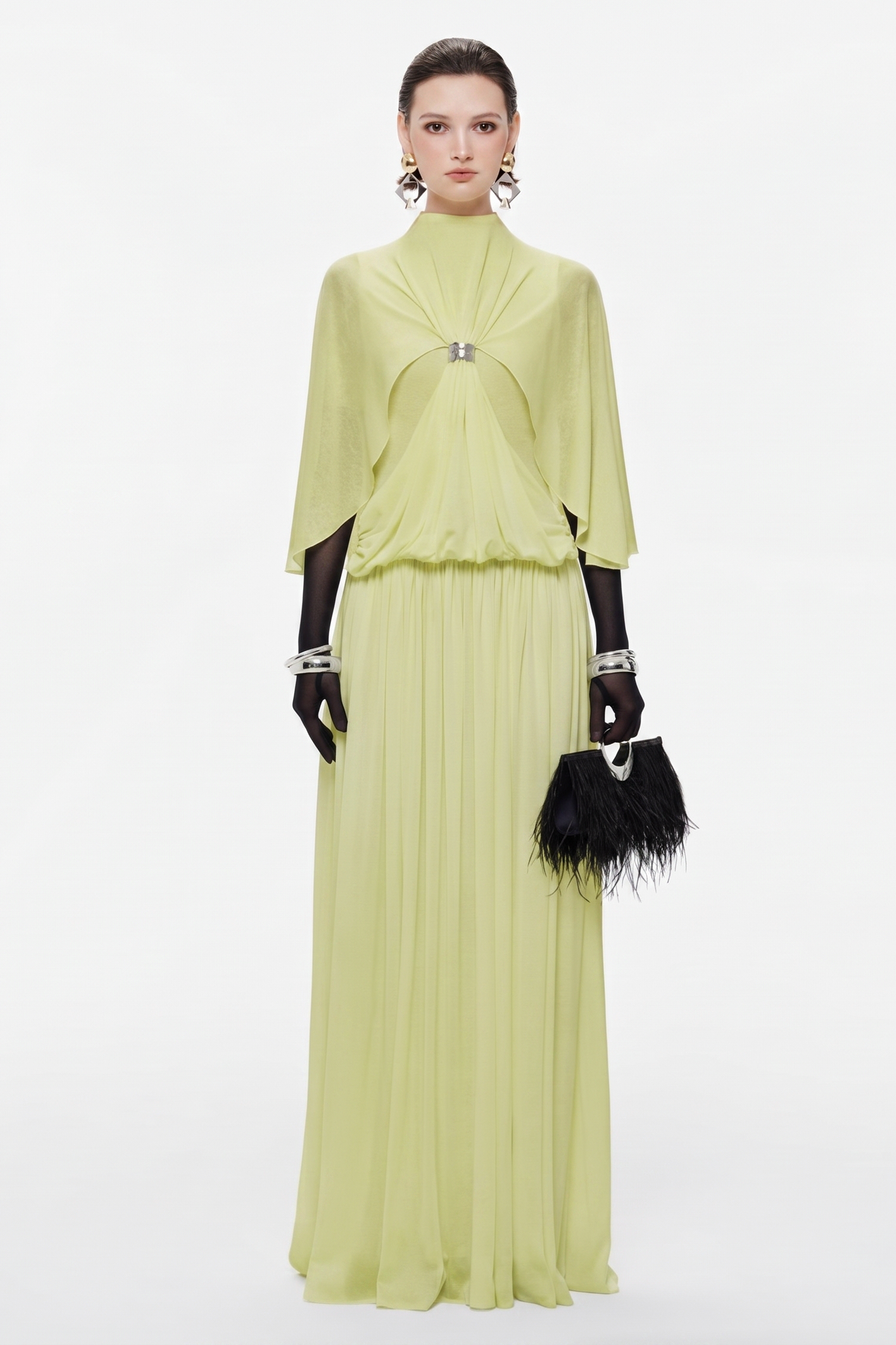 Gathering Metal Decorations Cape Sleeve Maxi Dress