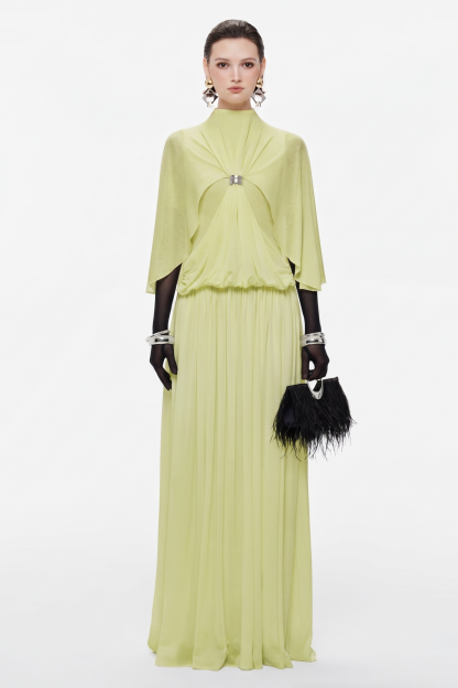 Gathering Metal Decorations Cape Sleeve Maxi Dress