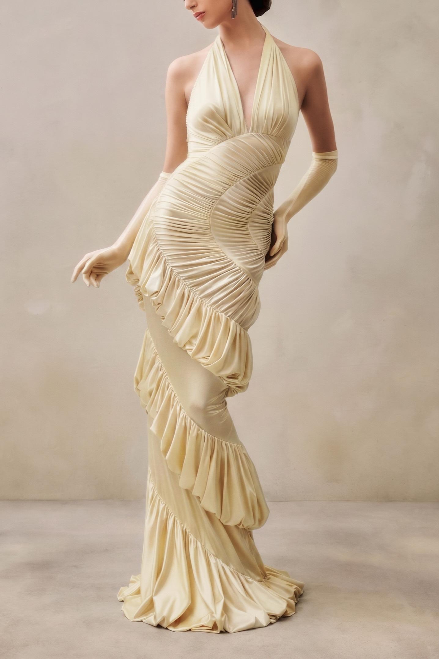Halter Neck Gathering Ruffle Maxi Dress