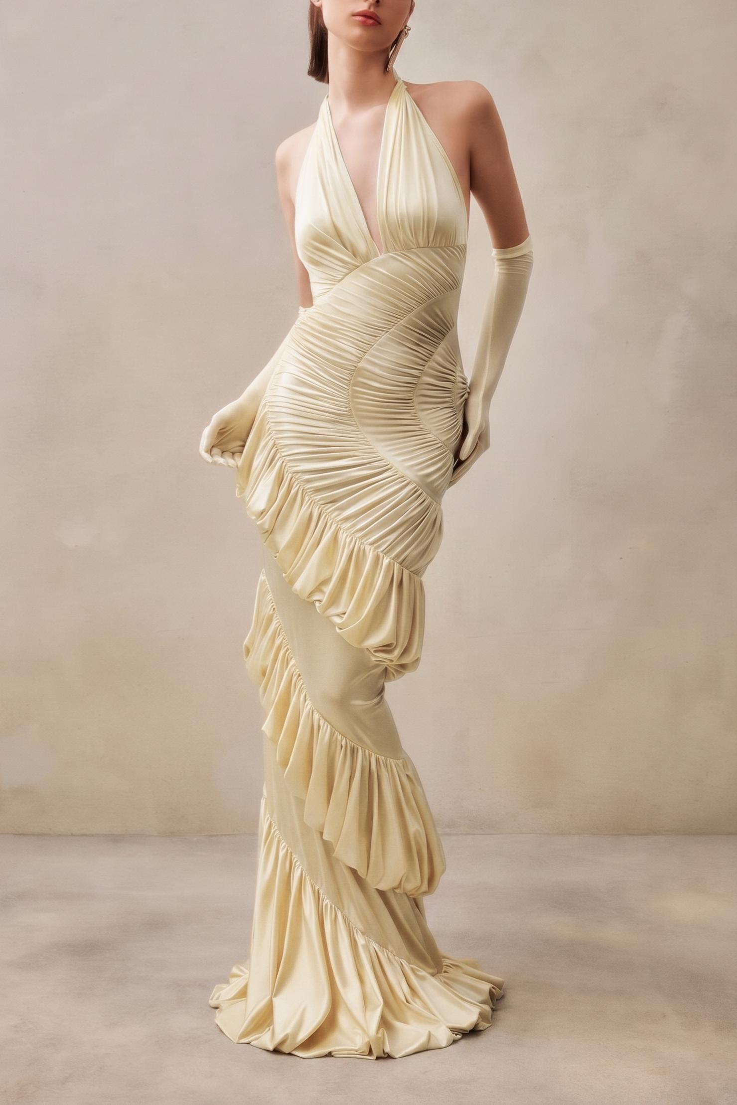 Halter Neck Gathering Ruffle Maxi Dress