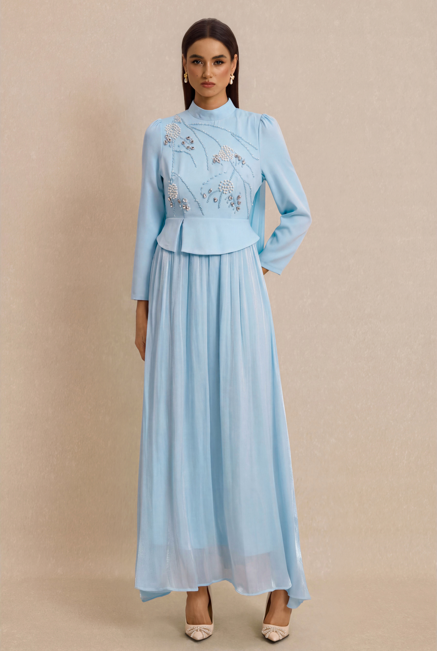 Rhinestone Rivets Pearl Stand Collar Maxi Dress