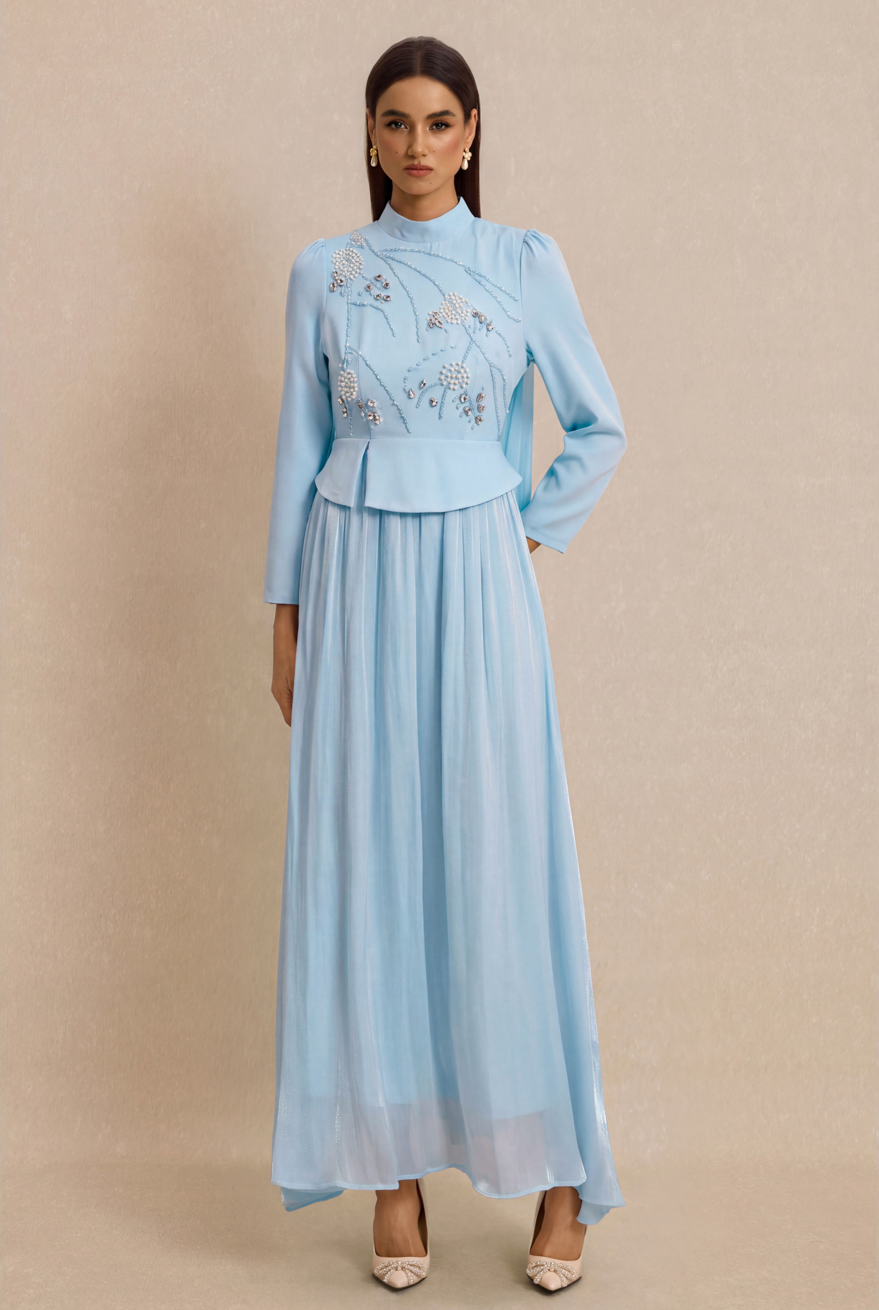 Rhinestone Rivets Pearl Stand Collar Maxi Dress