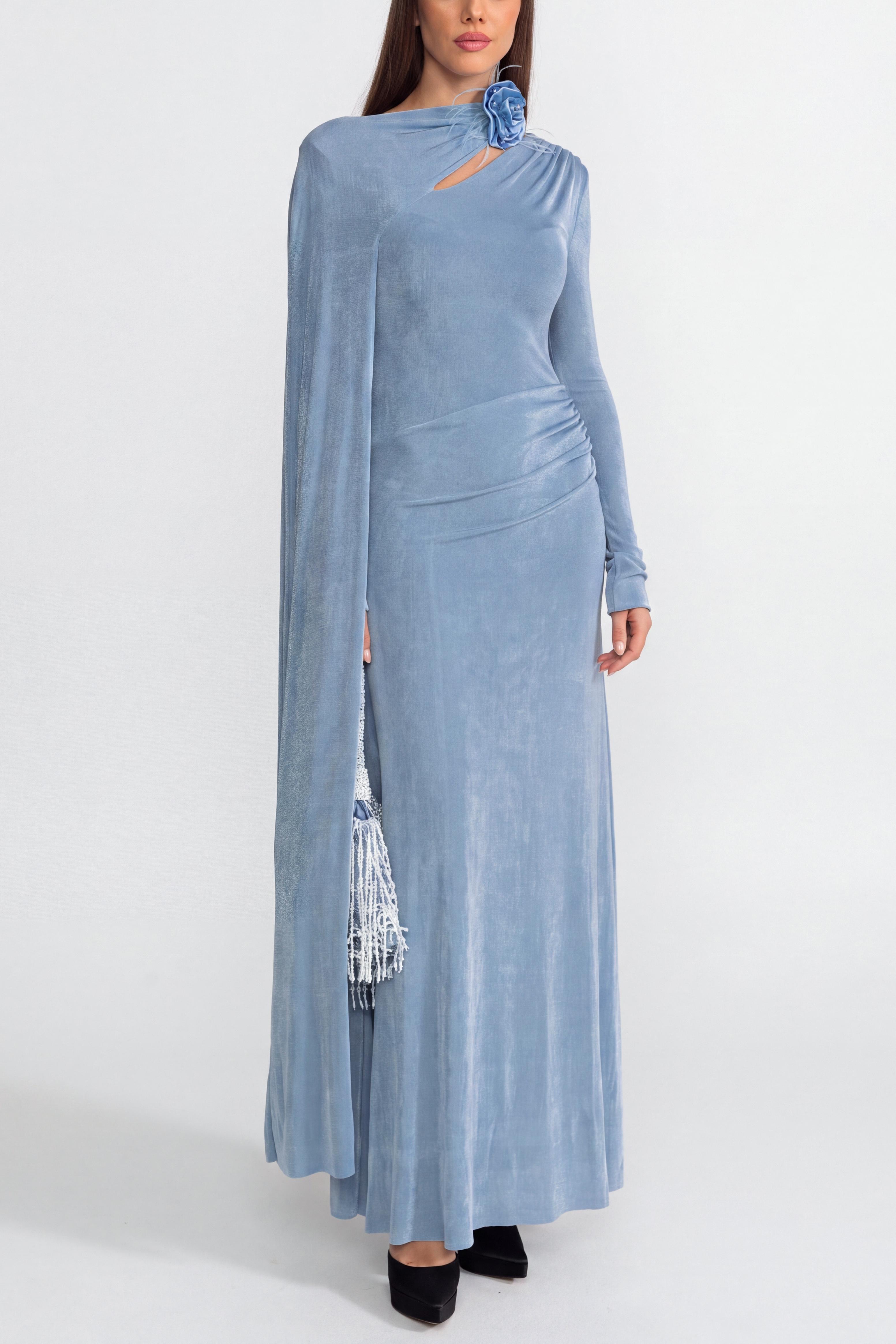 3D Flower Asymmetrical Cape Cut-Out Midi Dress