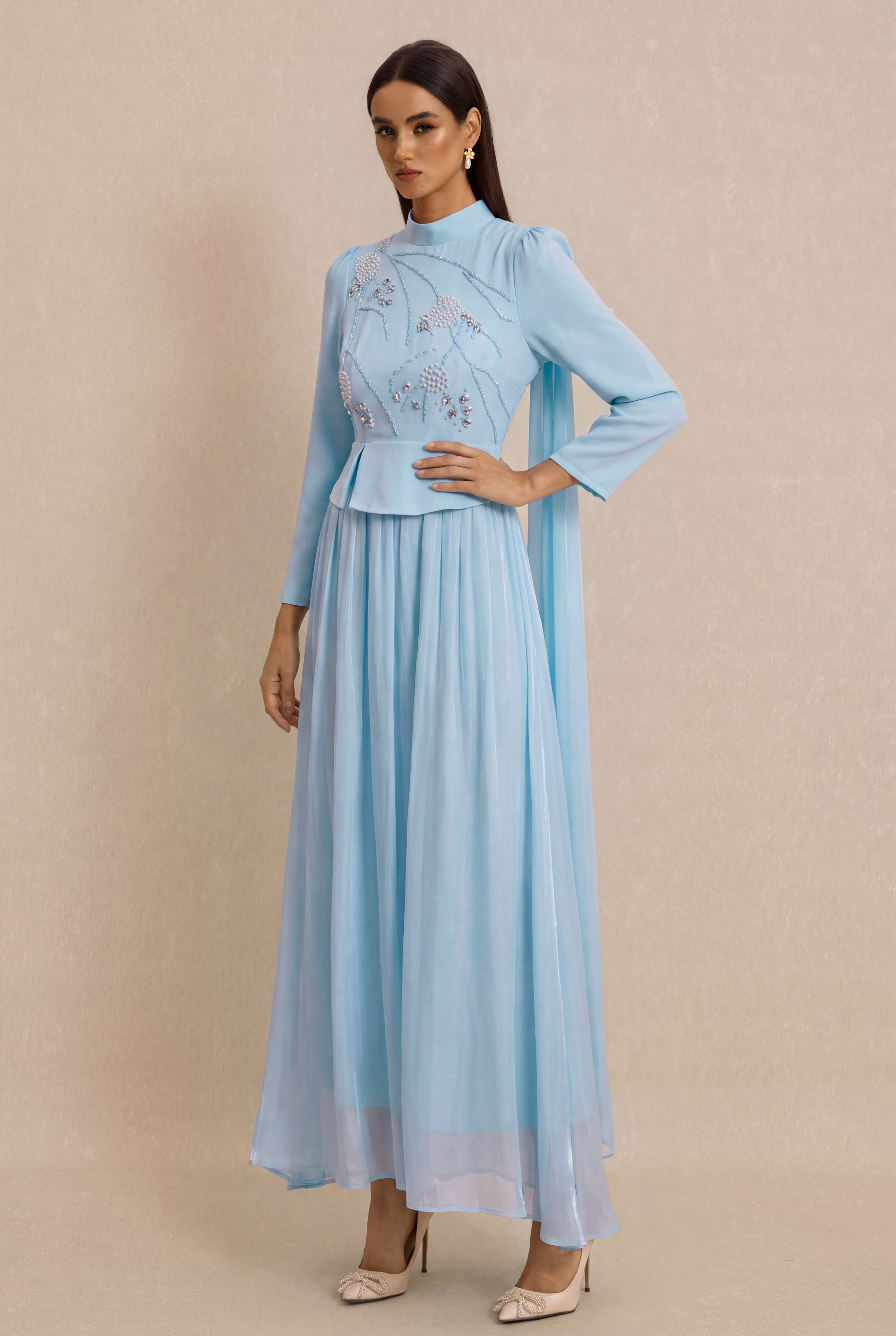 Rhinestone Rivets Pearl Stand Collar Maxi Dress
