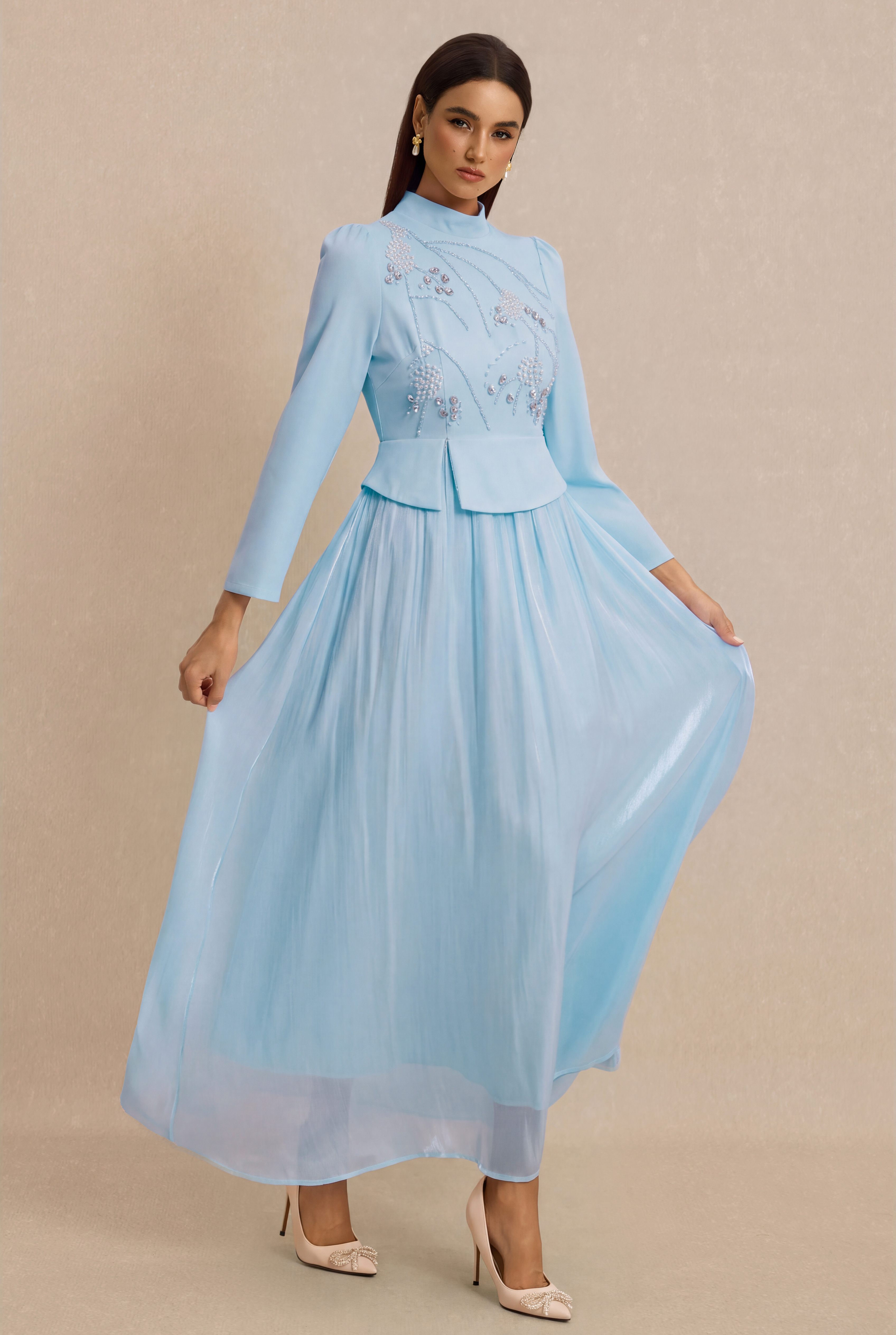 Rhinestone Rivets Pearl Stand Collar Maxi Dress
