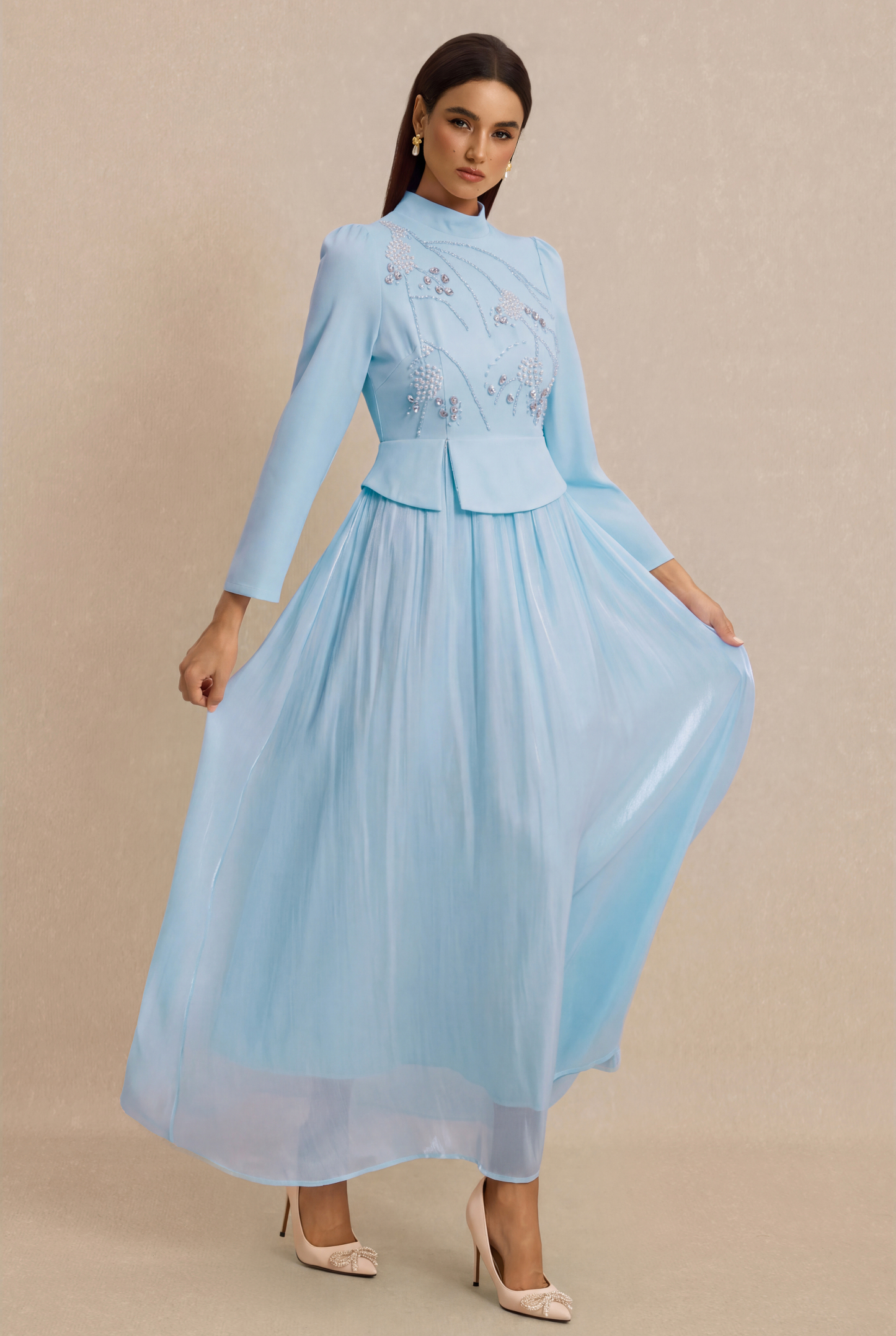Rhinestone Rivets Pearl Stand Collar Maxi Dress