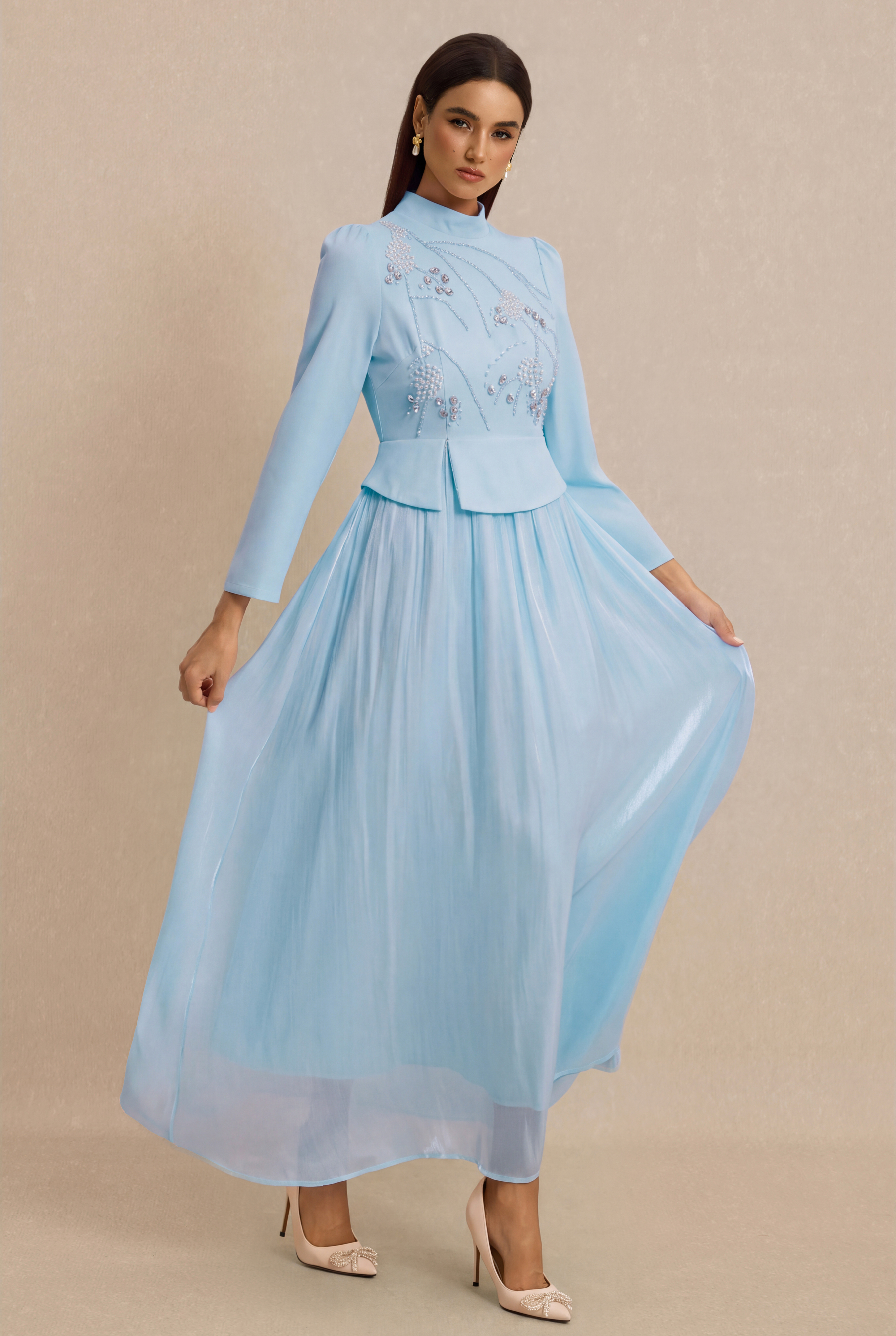 Rhinestone Rivets Pearl Stand Collar Maxi Dress