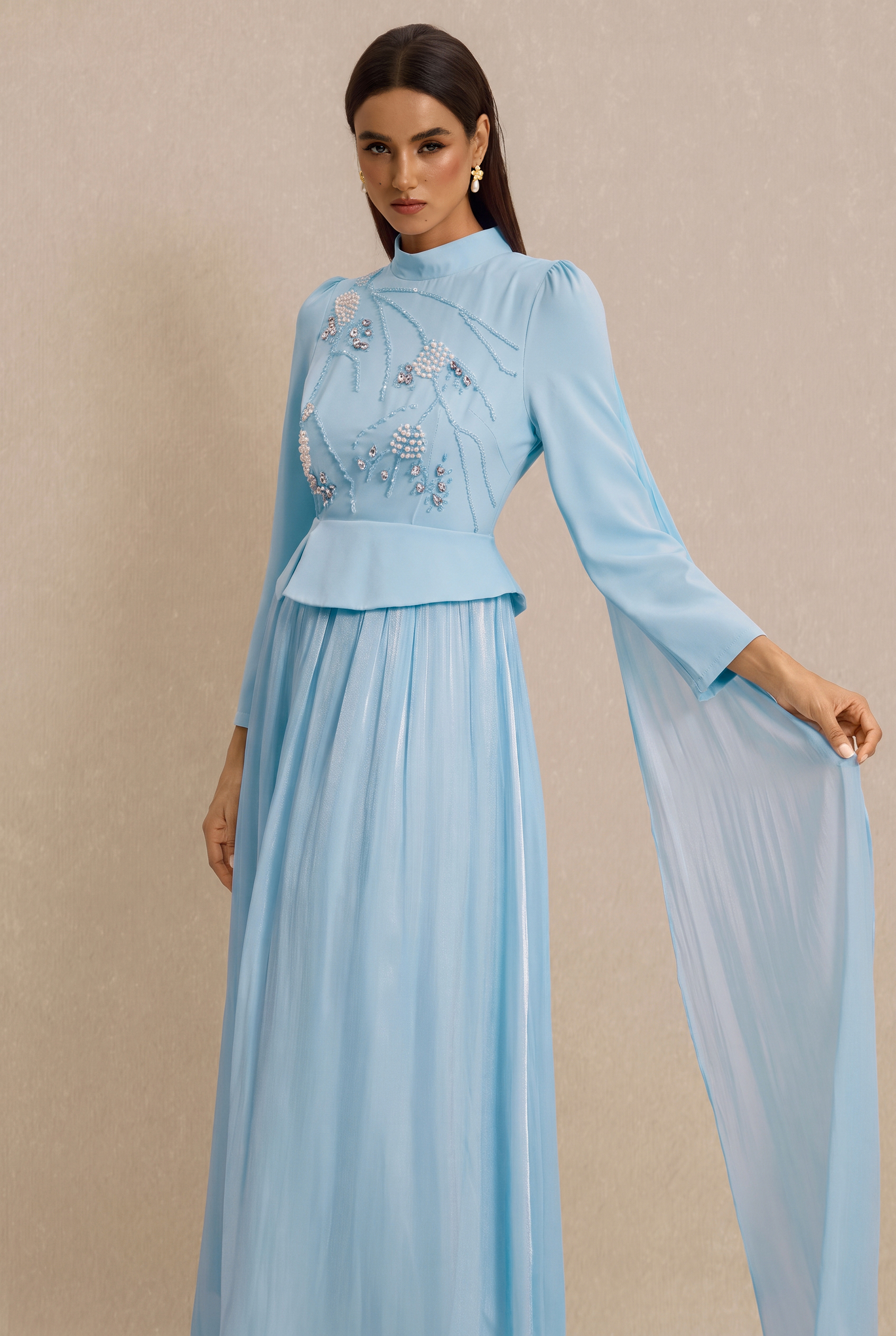 Rhinestone Rivets Pearl Stand Collar Maxi Dress