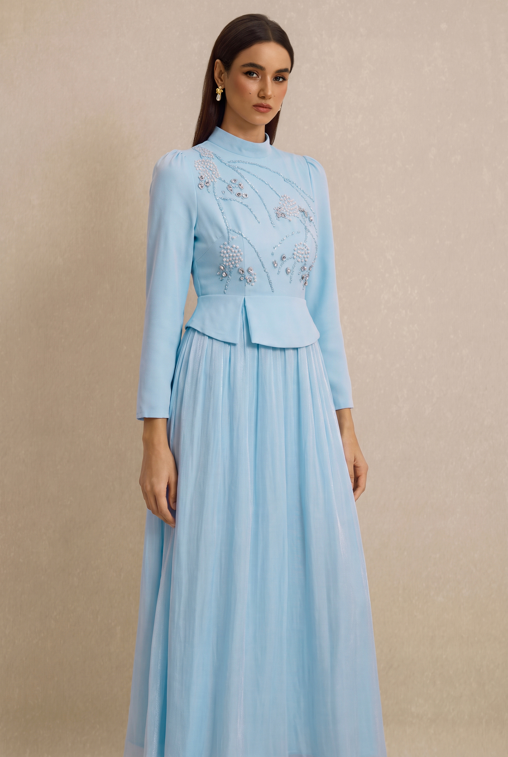 Rhinestone Rivets Pearl Stand Collar Maxi Dress