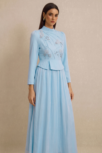 Rhinestone Rivets Pearl Stand Collar Maxi Dress