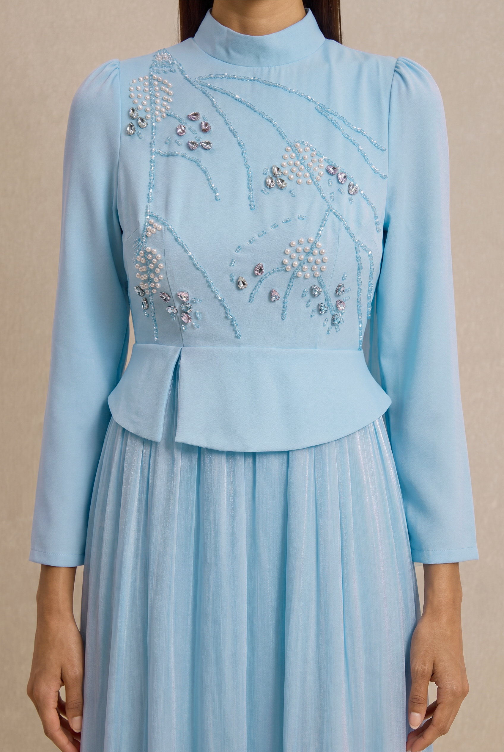 Rhinestone Rivets Pearl Stand Collar Maxi Dress