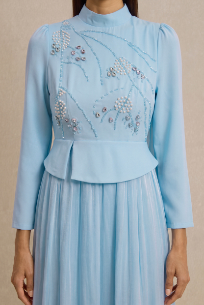 Rhinestone Rivets Pearl Stand Collar Maxi Dress