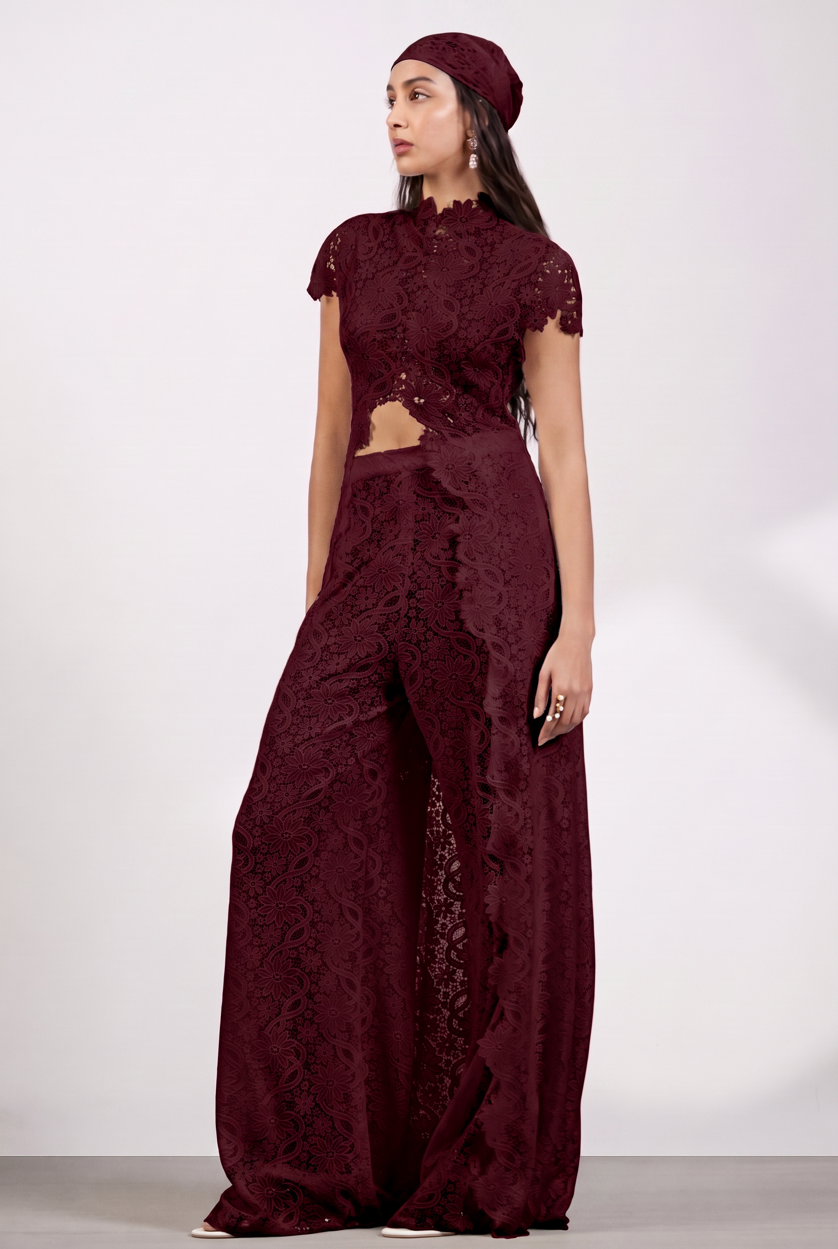Lace Slit Top & Mid Waist Pants Set