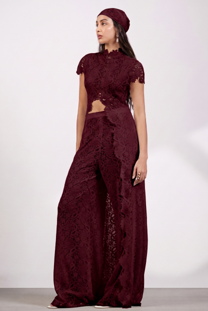 Lace Slit Top & Mid Waist Pants Set