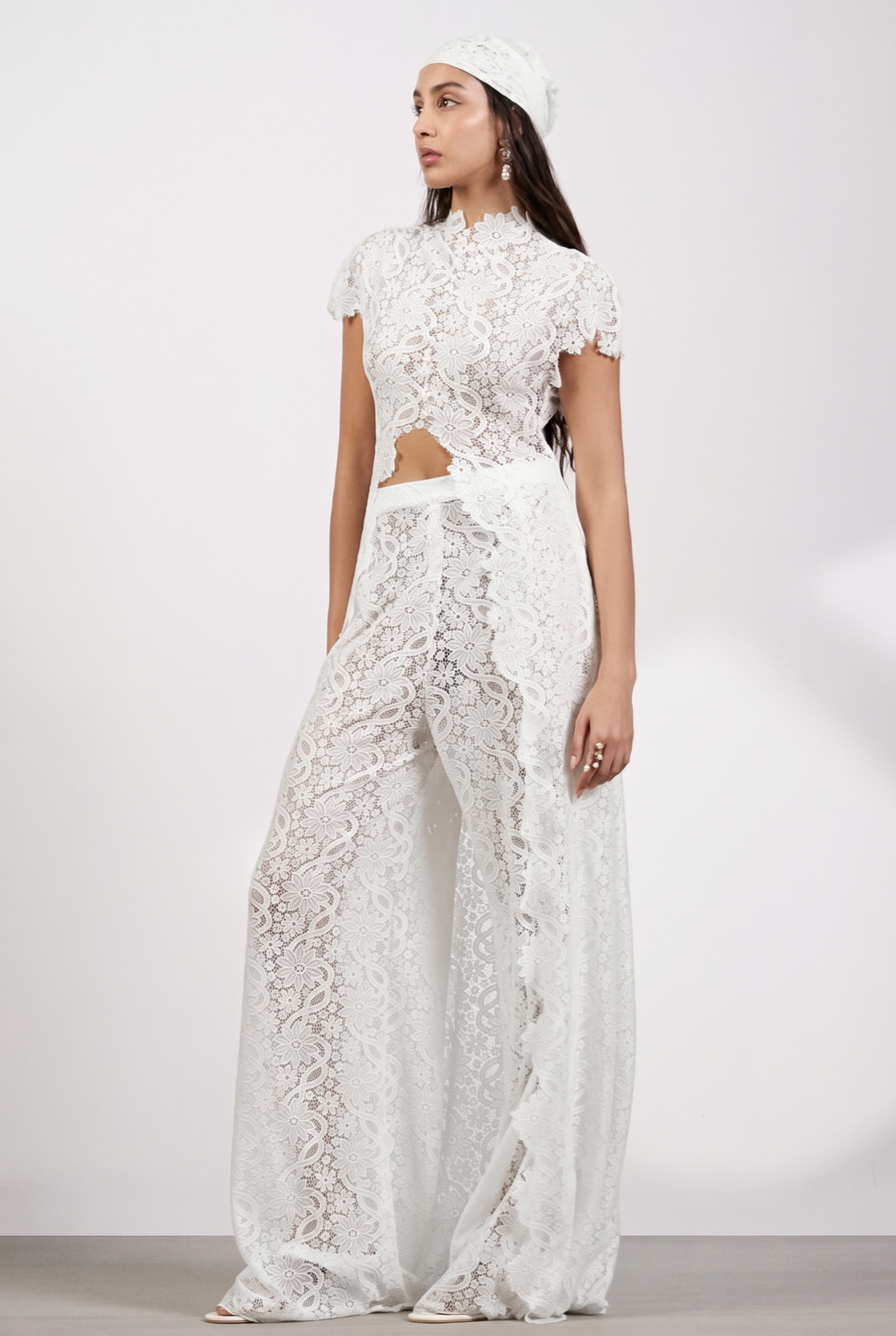 Lace Slit Top & Mid Waist Pants Set