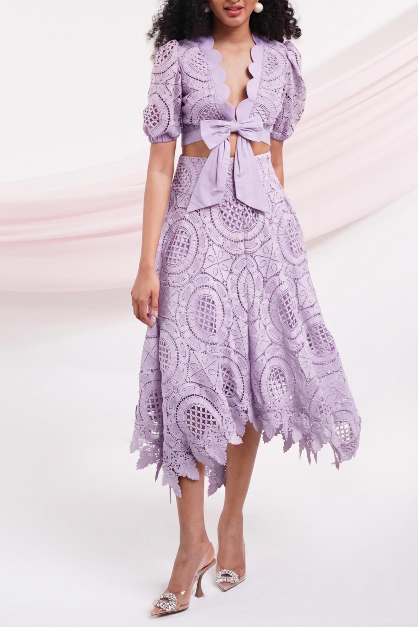 Lace V-Neck Bow Top & High Waist Midi Skirt Set