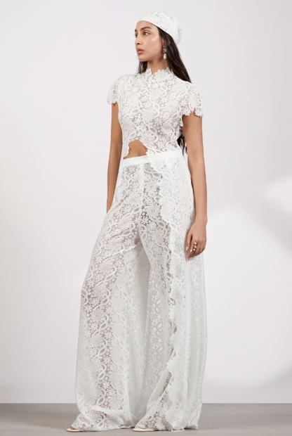 Lace Slit Top & Mid Waist Pants Set