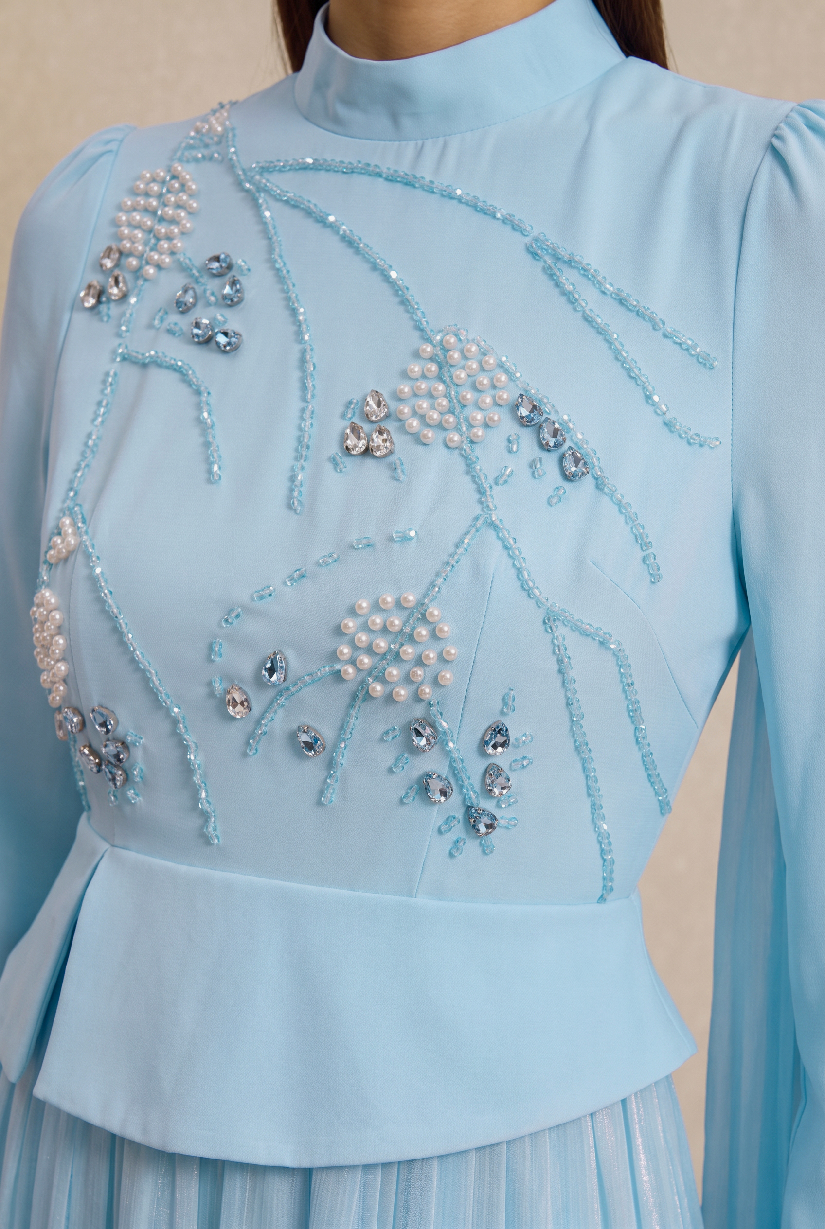 Rhinestone Rivets Pearl Stand Collar Maxi Dress