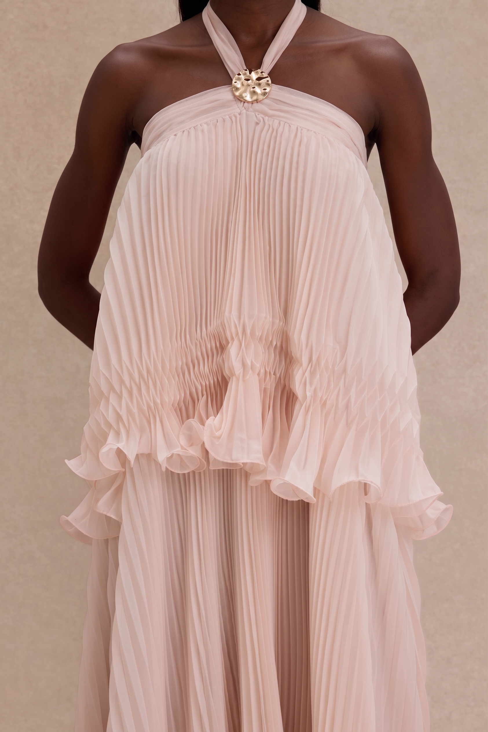 Pleated 3D Flower Halter Neck Midi Dress