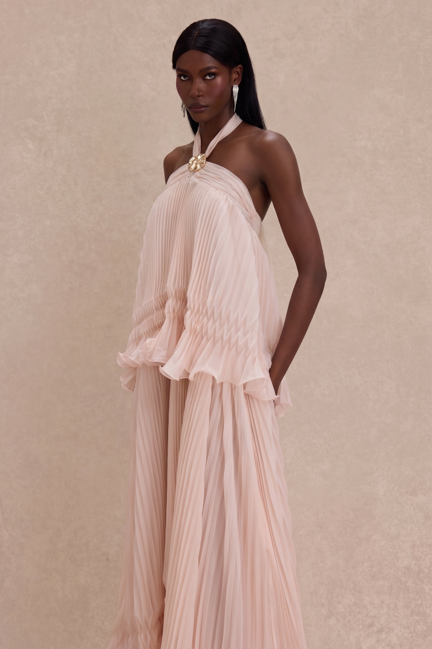 Pleated 3D Flower Halter Neck Midi Dress