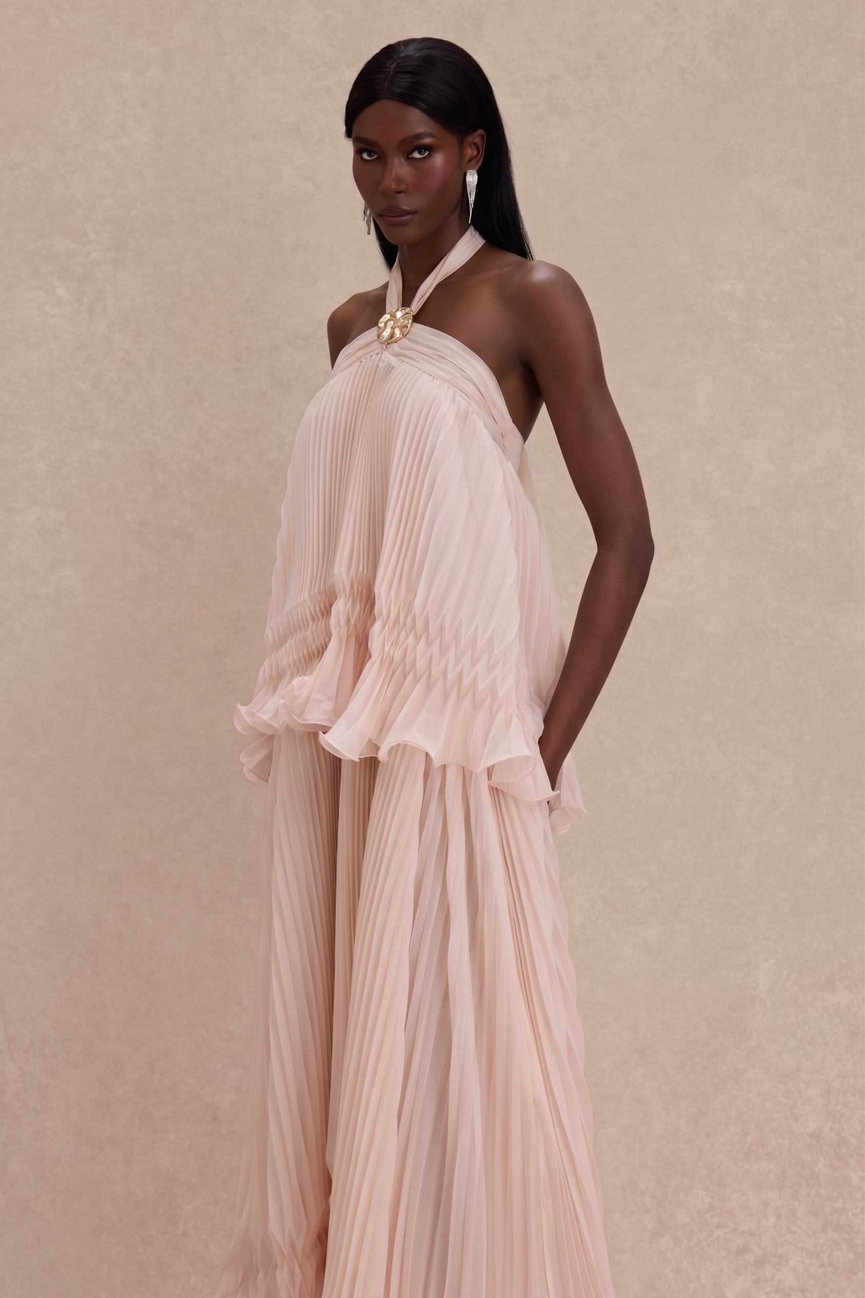 Pleated 3D Flower Halter Neck Midi Dress