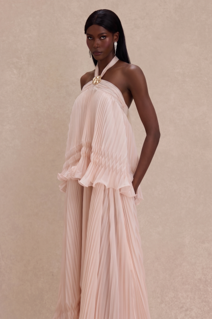 Pleated 3D Flower Halter Neck Midi Dress